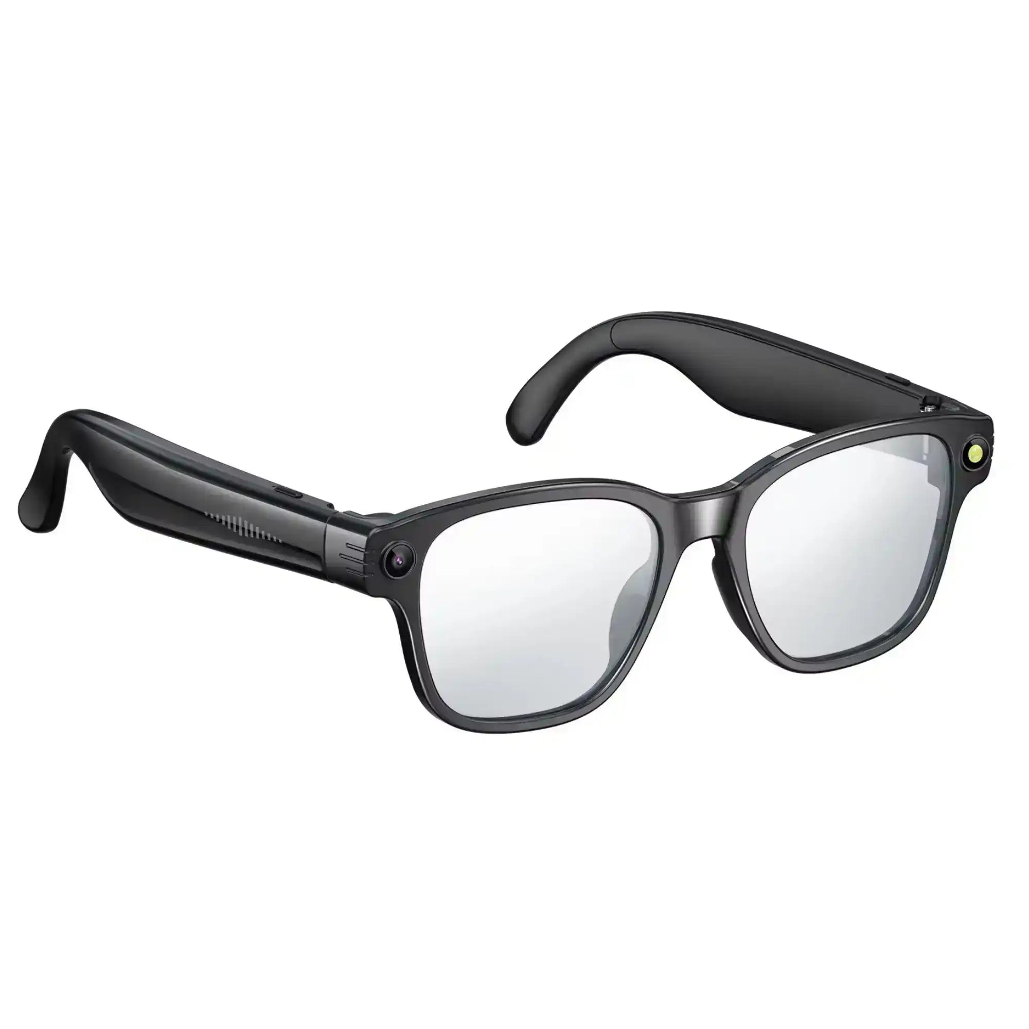 Black smart glasses with built-in camera and clear lenses on white background TUTT