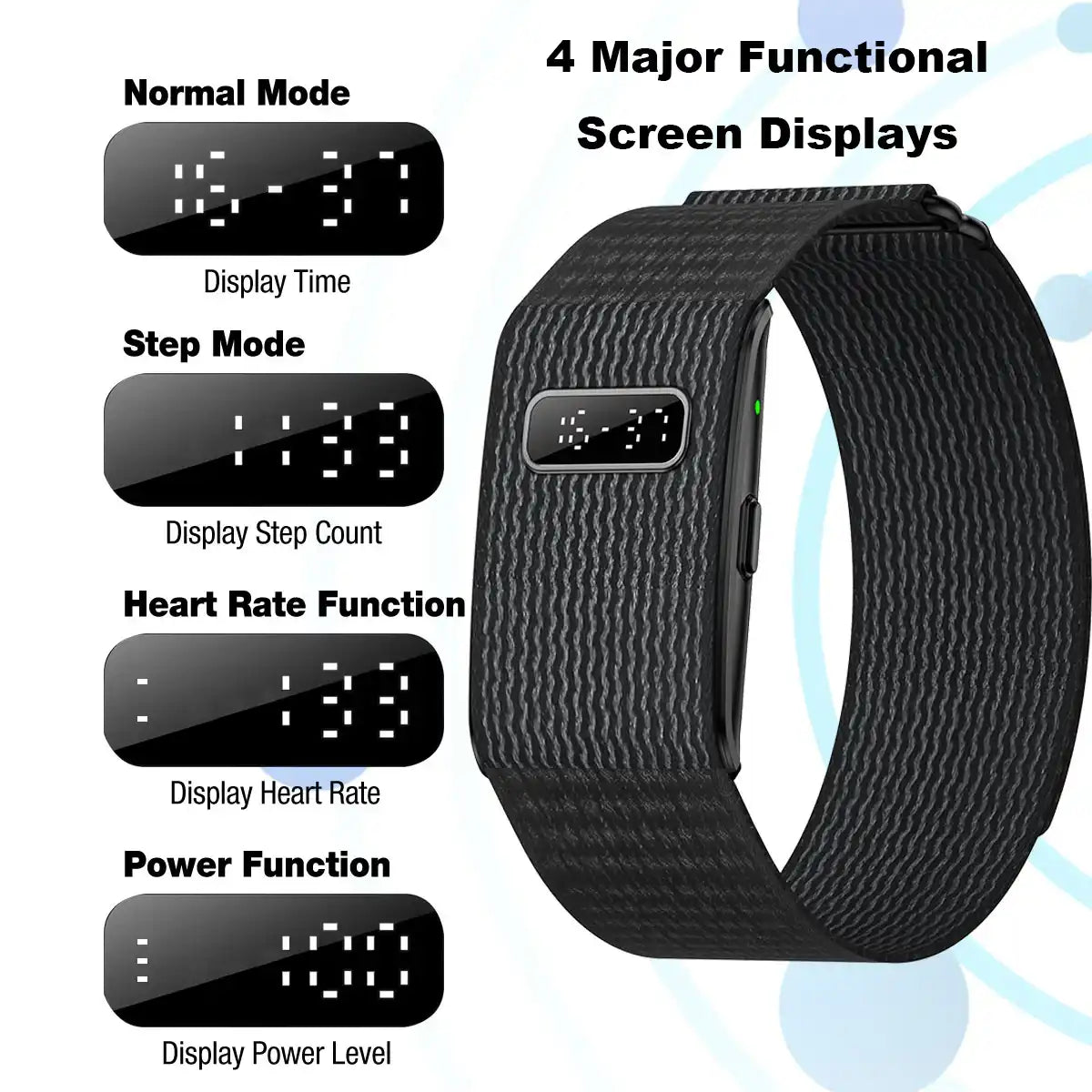 Black silicone smart bracelet with display screen showing time, steps, heart rate, and power features for activity tracking. TUTT