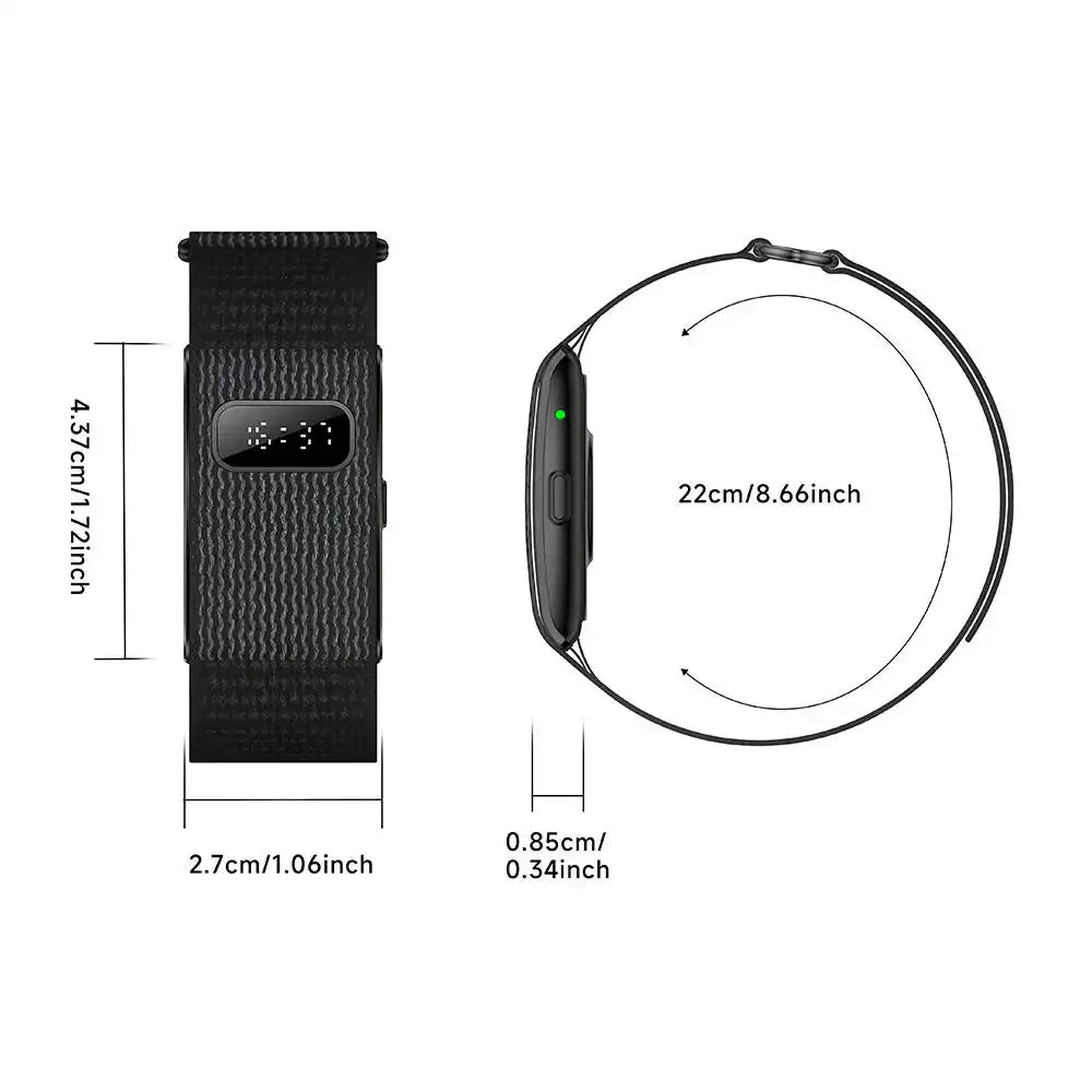 Black silicone smart bracelet heart rate and fitness tracker with size measurements, TUTT