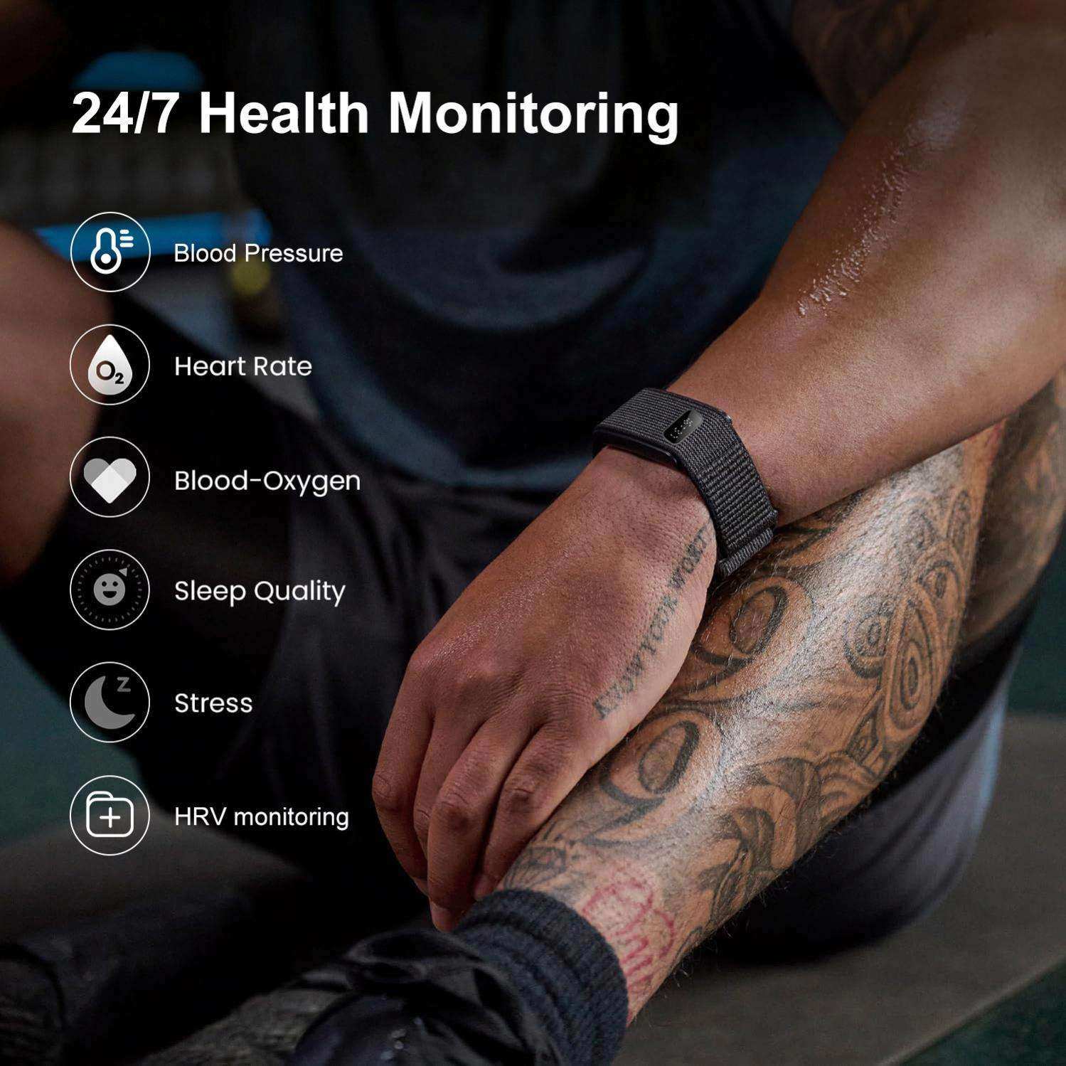 Man wearing smart fitness bracelet on wrist, displaying 24/7 health monitoring features. TUTT