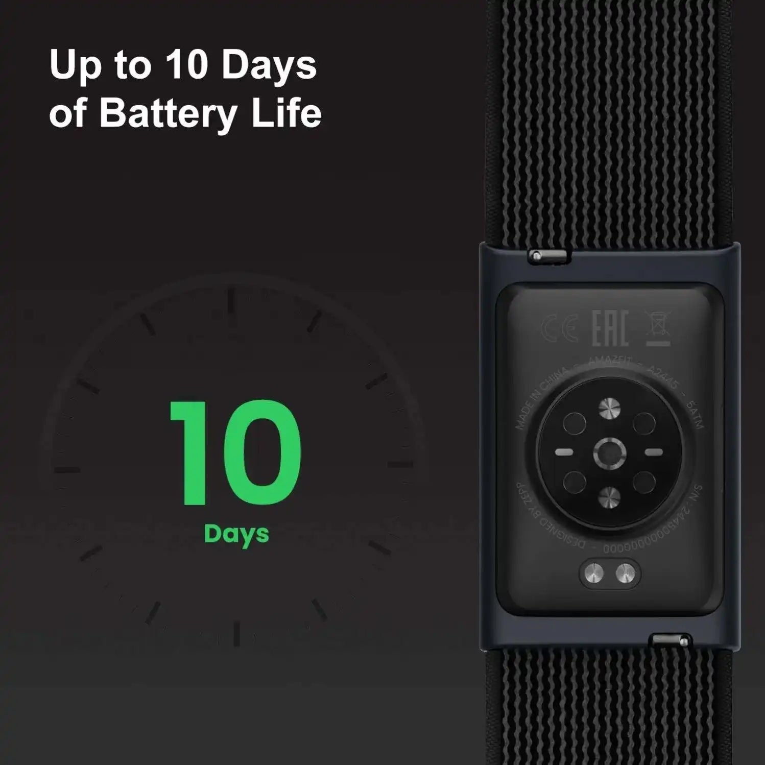 Smart fitness bracelet with silicone strap showing back sensors, text 'Up to 10 days of battery life' and '10 Days' in green. TUTT
