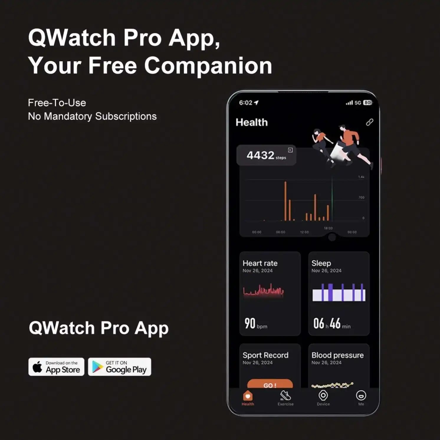 QWatch Pro App user interface on smartphone displaying health stats like steps, heart rate, sleep, and blood pressure, with text promoting free use and app store badges. TUTT