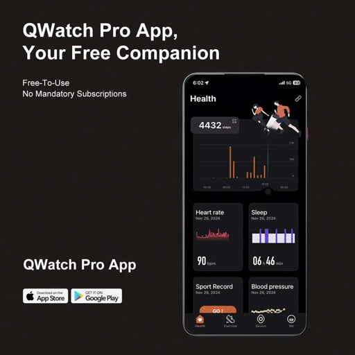 QWatch Pro App user interface on smartphone displaying health stats like steps, heart rate, sleep, and blood pressure, with text promoting free use and app store badges. TUTT