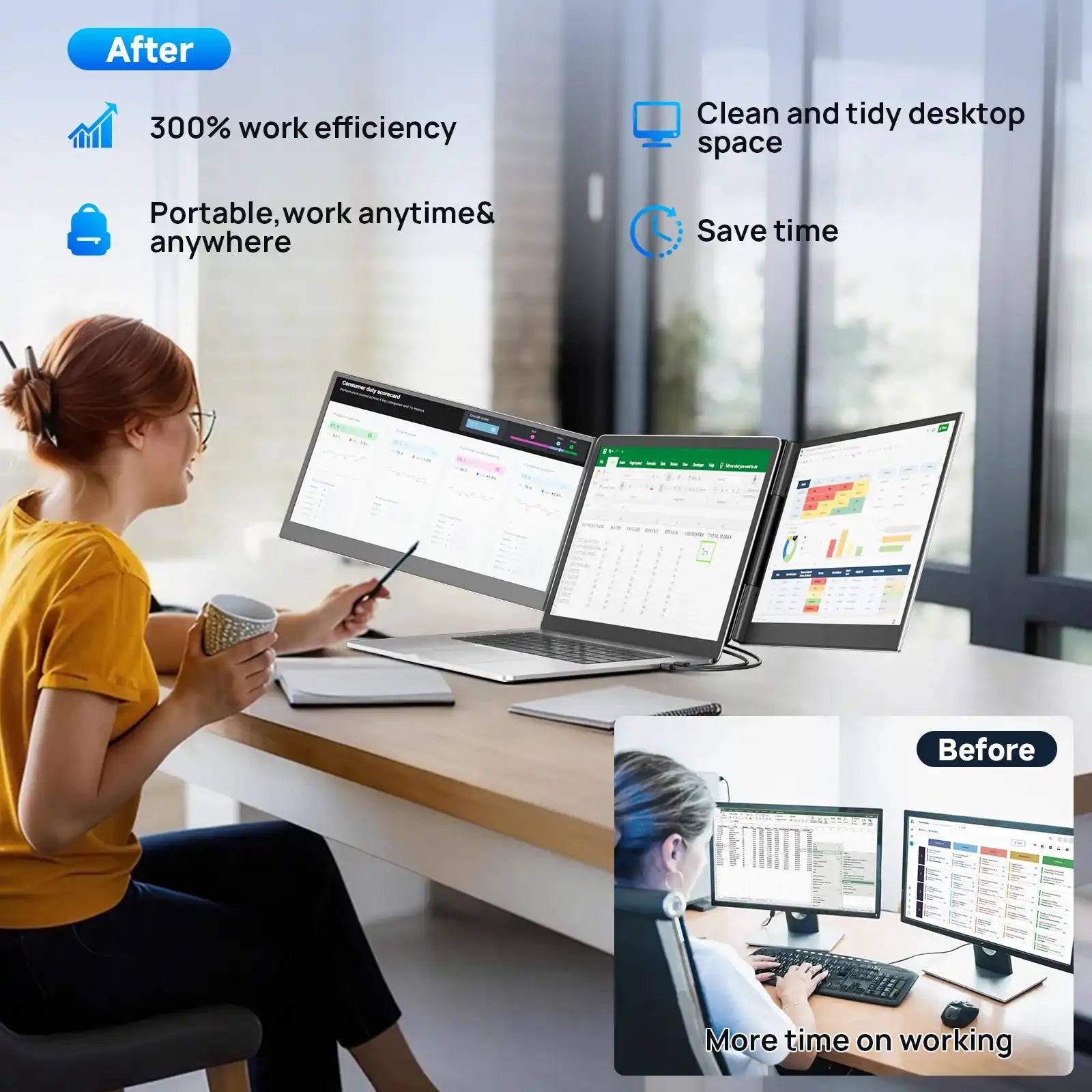 Woman using a triple screen portable monitor with laptop in modern office, showing increased work efficiency and tidy workspace benefits, TUTT at end