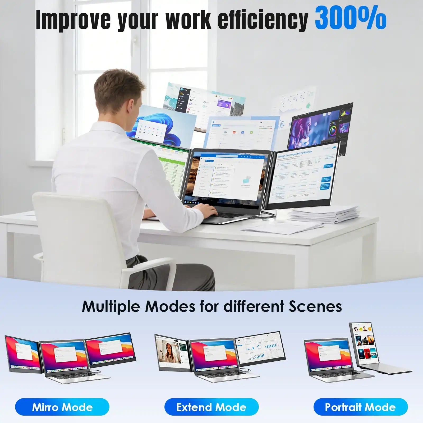 Office worker using triple portable laptop monitor in mirror, extend, and portrait modes, TUTT