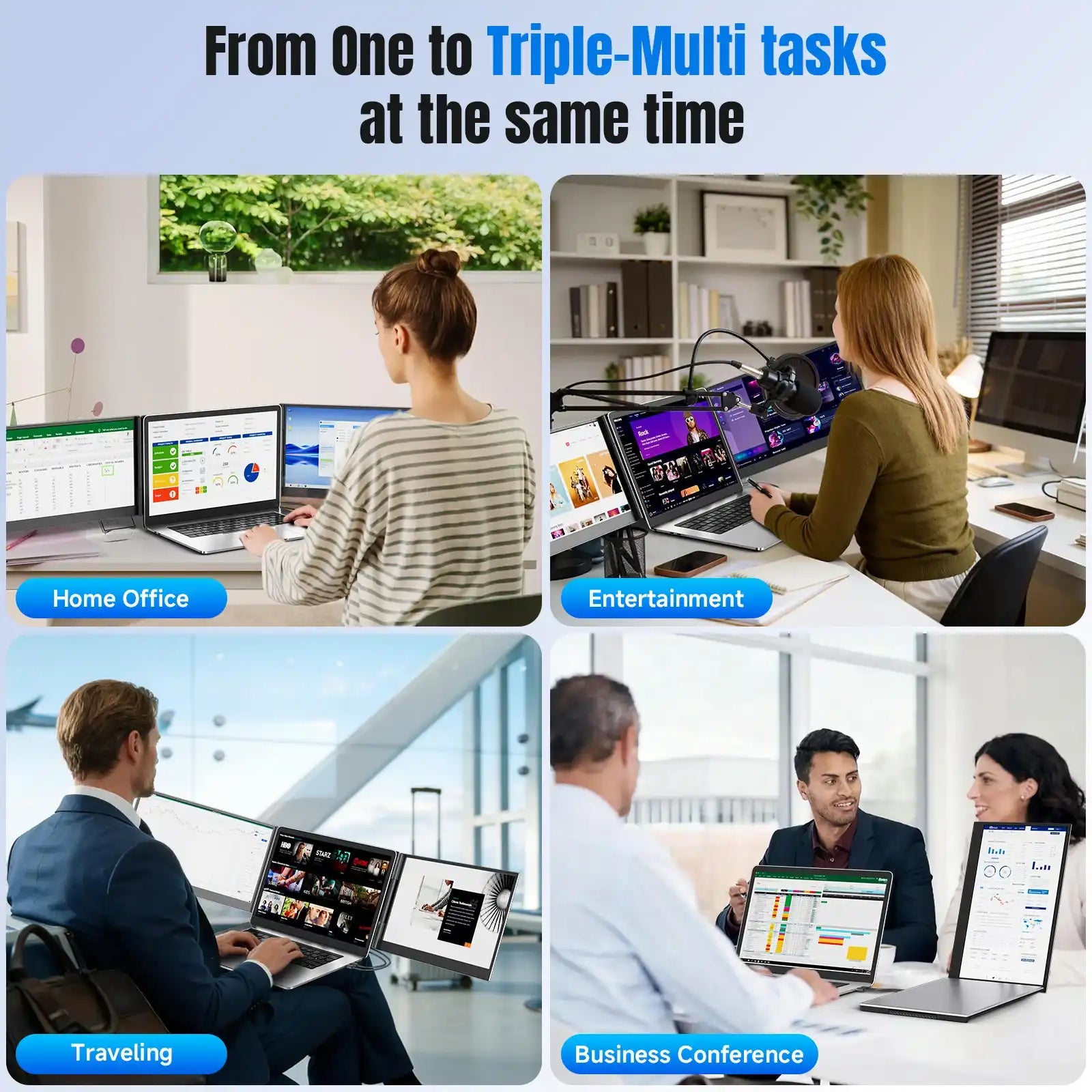 Triple screen portable monitor shown in home office, entertainment, travel, and business use, multitasking on laptops, TUTT