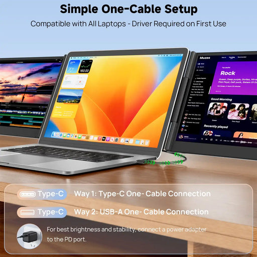 Triple screen portable monitor attached to a laptop, showing USB-C one-cable setup on desk, TUTT