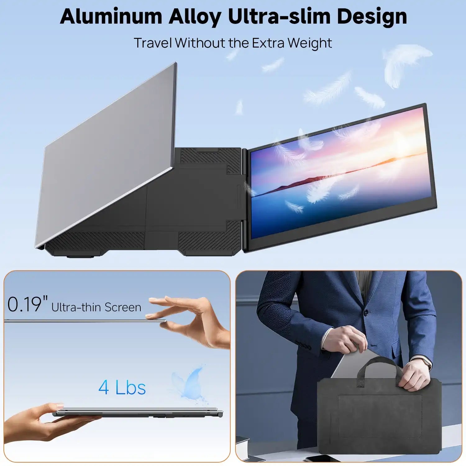 Ultra-slim aluminum portable triple monitor screen for laptops, lightweight and compact, TUTT