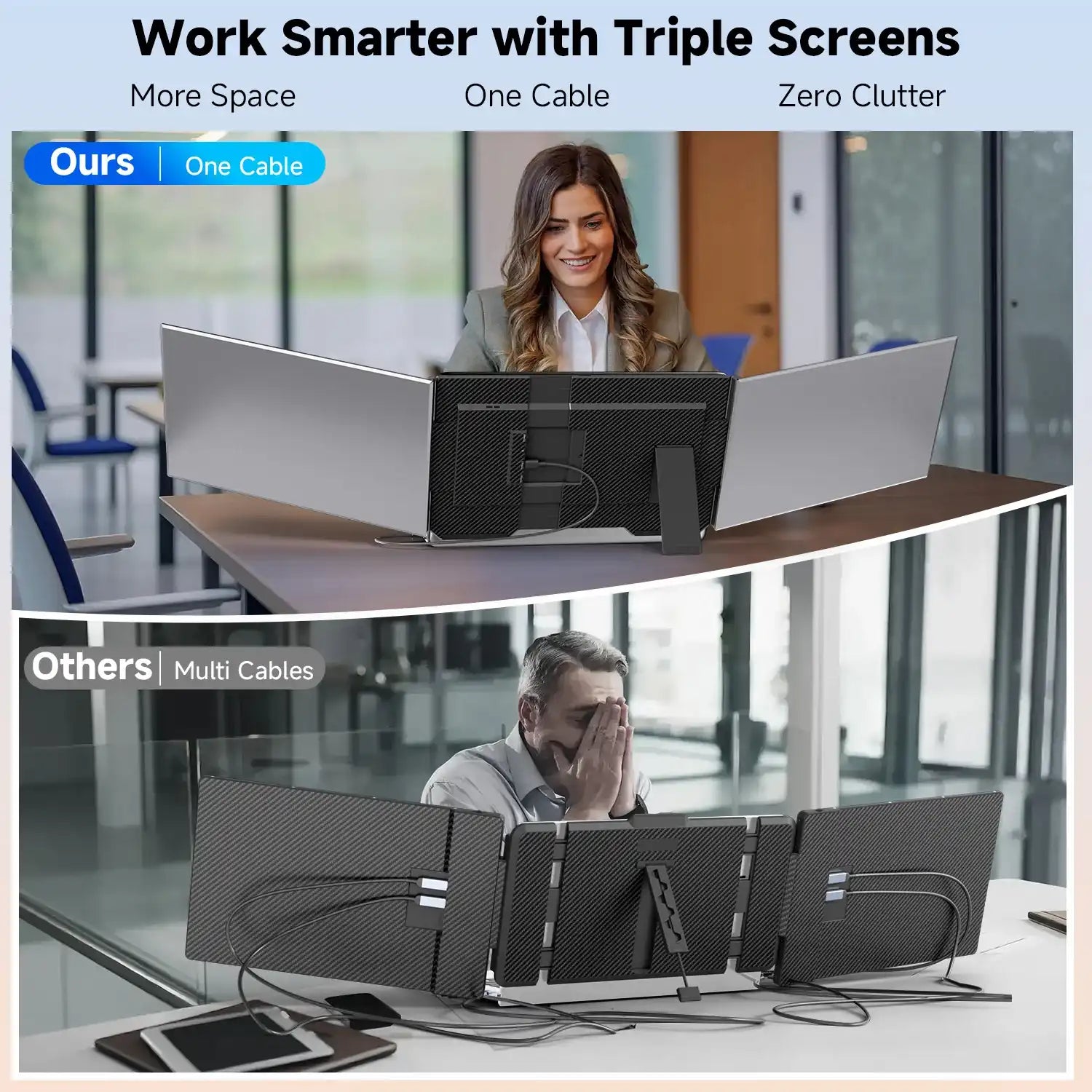 Comparison of triple screen portable laptop monitors, one with single USB-C cable and tidy setup, another with multiple cables and clutter, TUTT