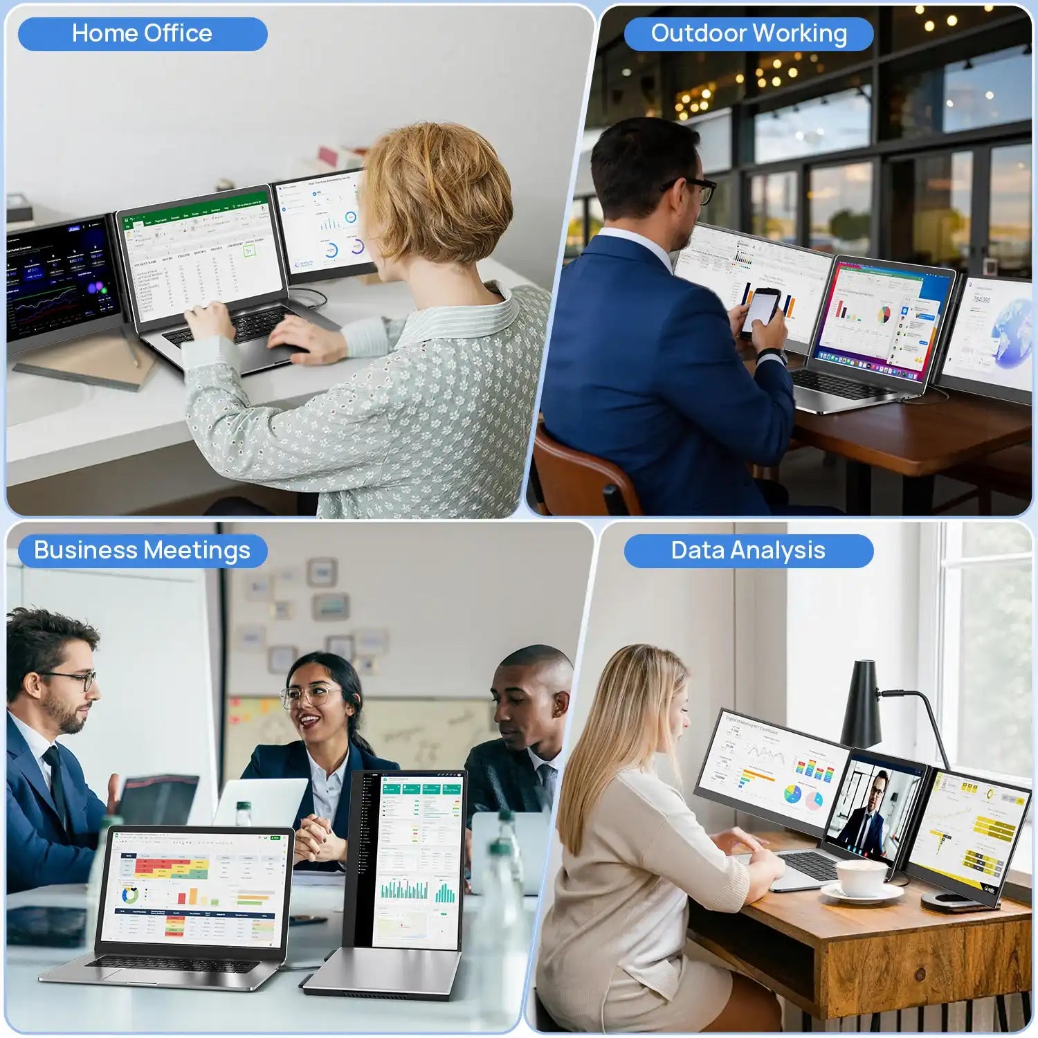 People using triple screen portable monitors with laptops for home office, outdoor work, business meetings, and data analysis, showing flexible multi-screen setup, TUTT at end.