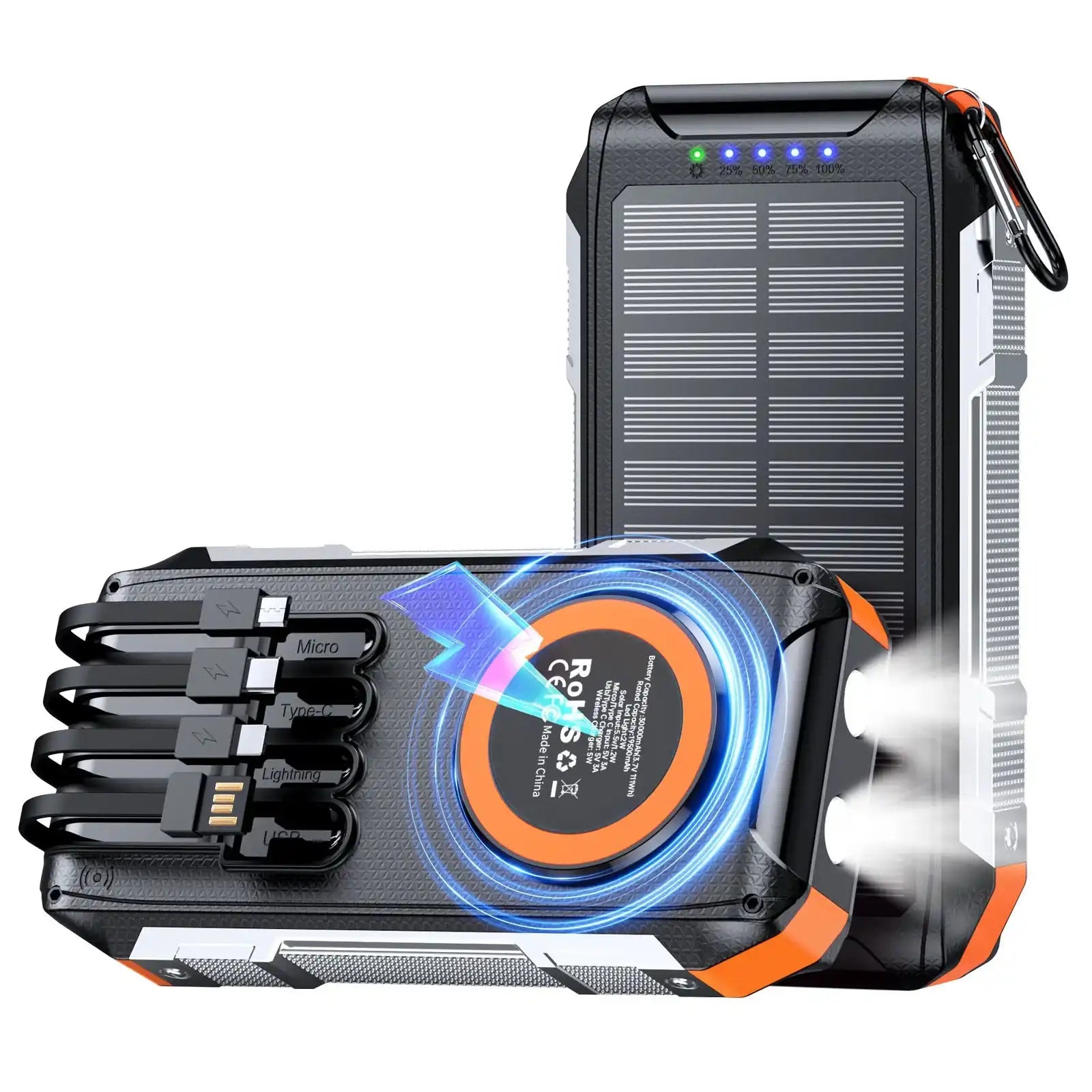 Rugged 30000mAh solar power bank with magnetic wireless charging, built-in cables, and flashlight TUTT