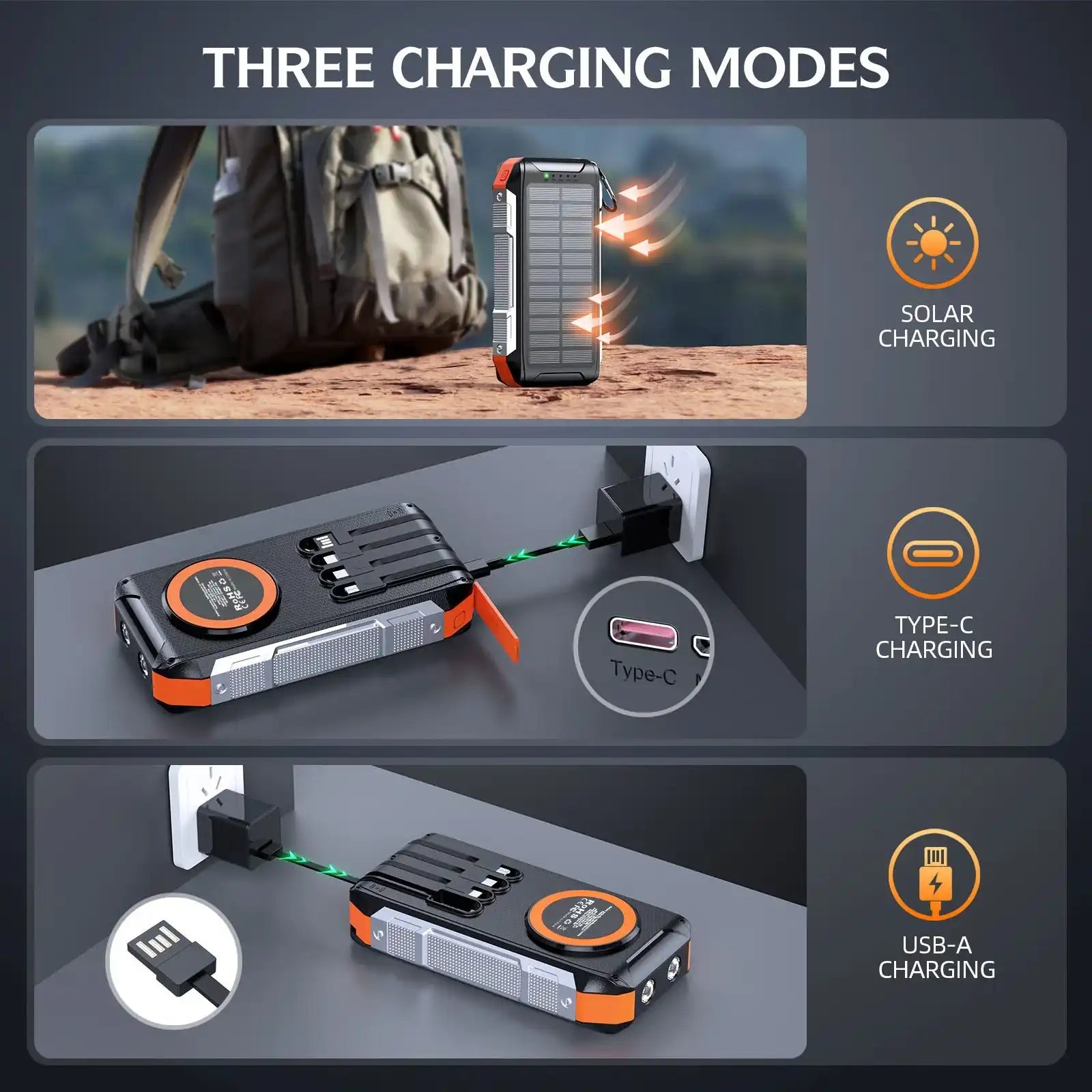 Rugged 30000mAh solar power bank with solar panel, Type-C and USB-A charging modes, black and orange design TUTT