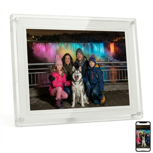 TUTT™ digital calendar displaying a family photo at Niagara Falls, synced from smartphone for home or office use