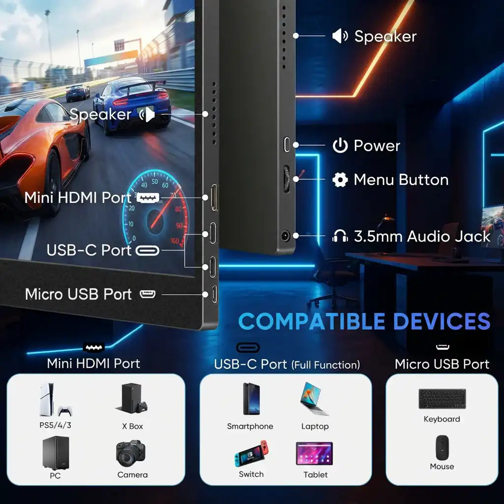 Electronic device with ports and features highlighted, showing compatibility with various devices.
