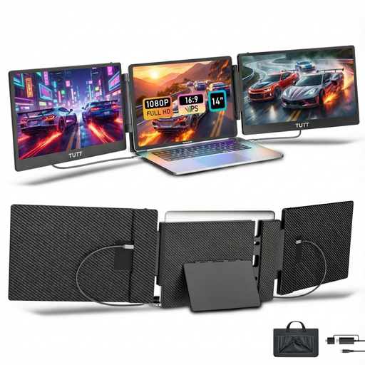 Laptop with external screen extension device displaying racing game on TUTT 14” FHD Portable Monitor – S3 Triple Screen Extender, IPS, Built-in Stand & Speakers | All Devices (H5 Converter Cable Included)screens.