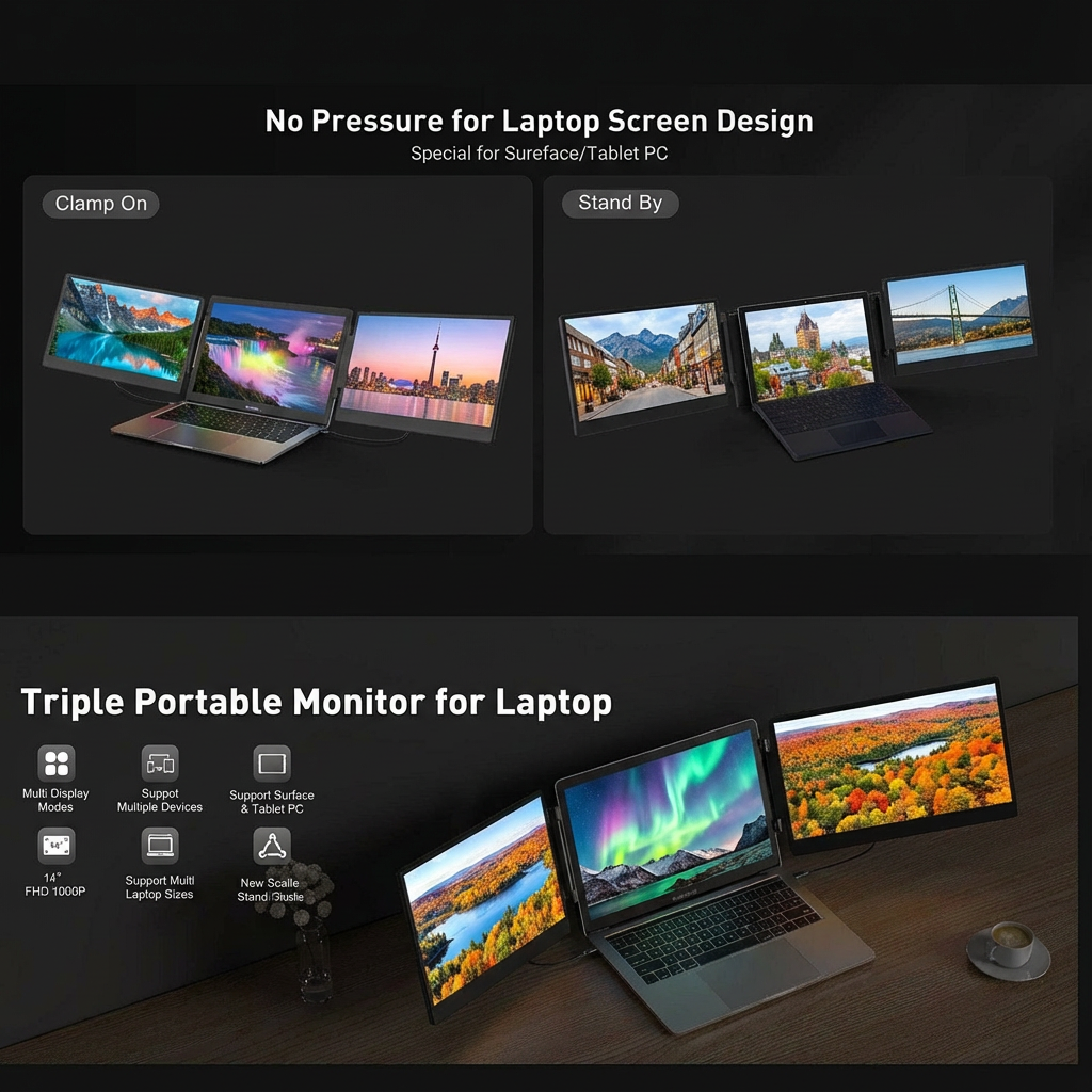 TUTT 14” FHD Portable Monitor – S3 Triple Screen Extender, IPS, Built-in Stand & Speakers | All Devices (H5 Converter Cable Included)Triple portable monitor setup for laptop with scenic images on screens.