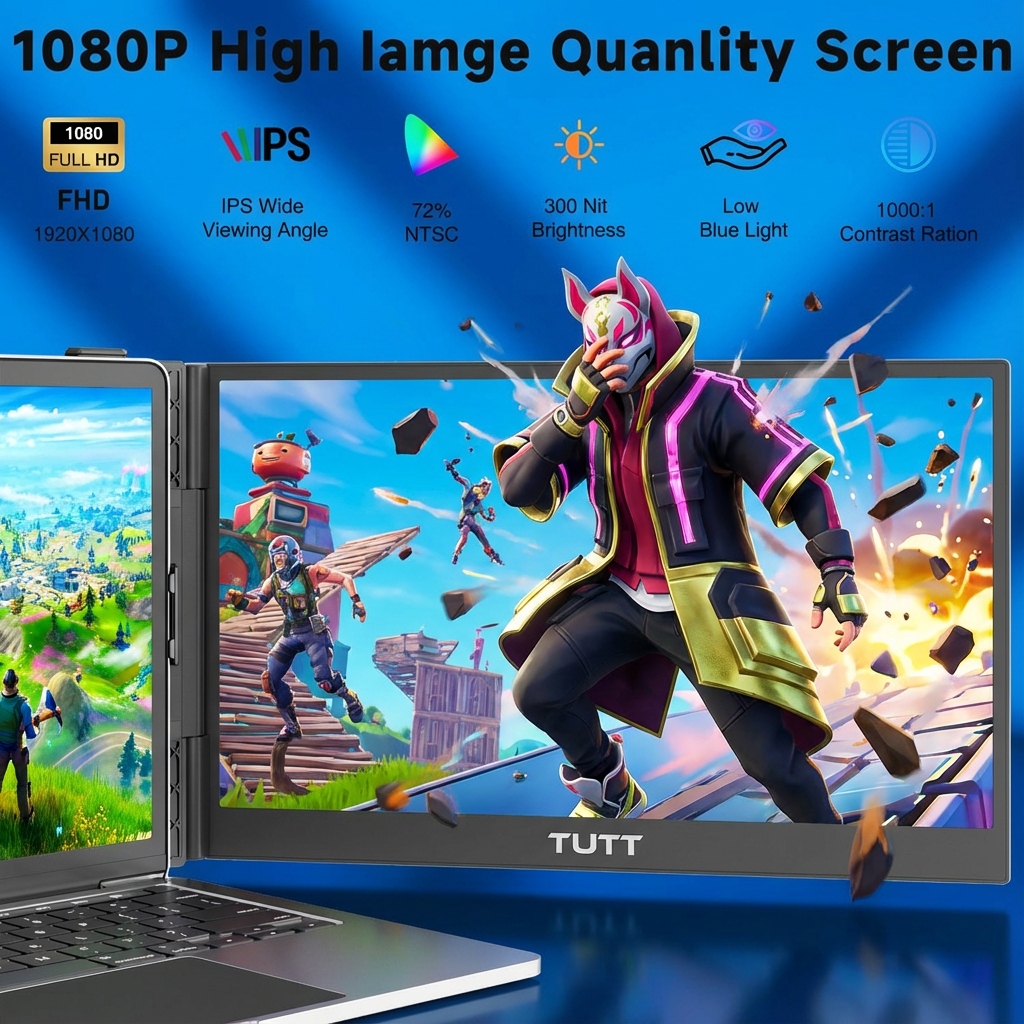 Laptop with a vibrant game display featuring a character from 'Fortnite', showcasing screen specifications on a blue background.