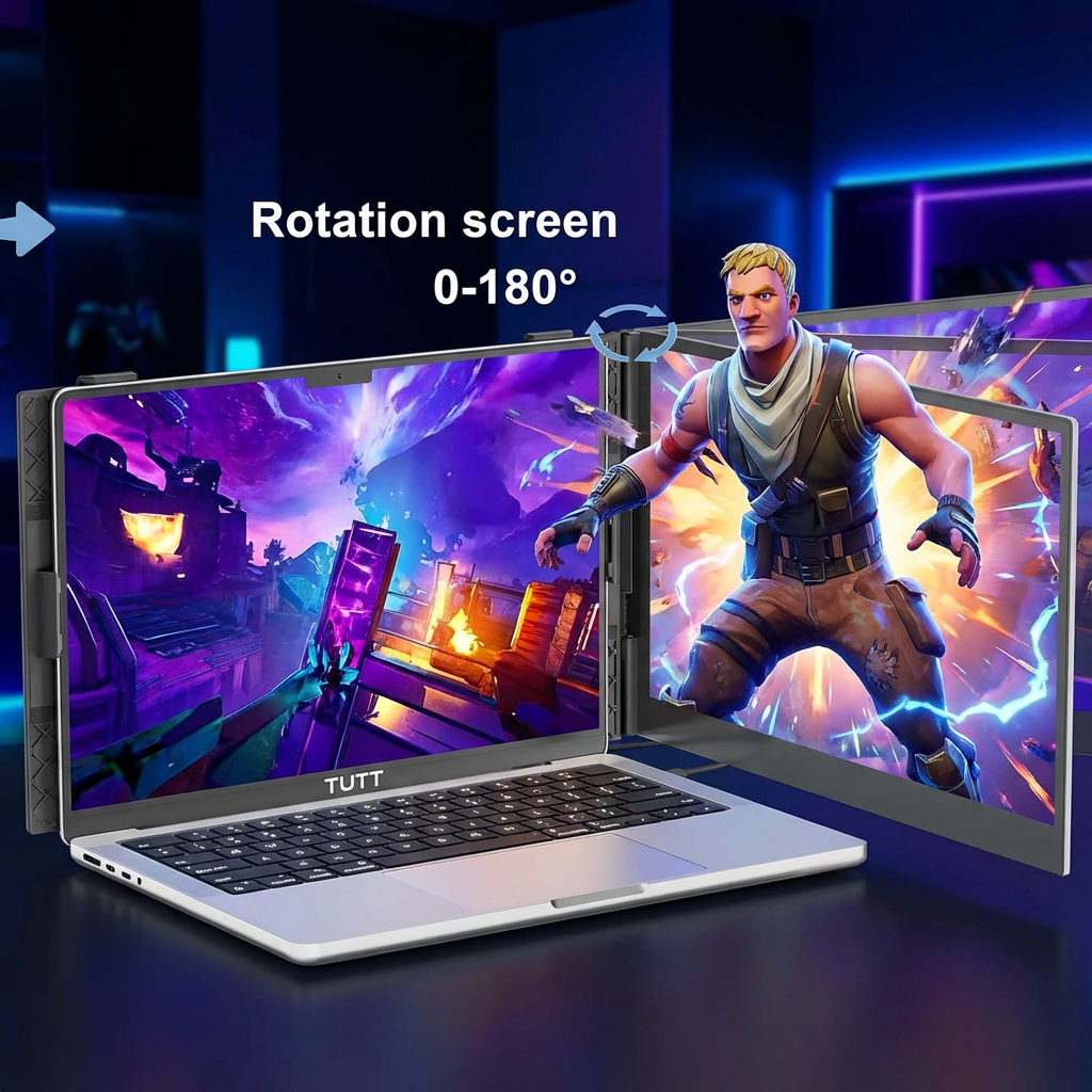 Laptop with a rotating screen displaying a character from a video game, with 'TUTT' branding.