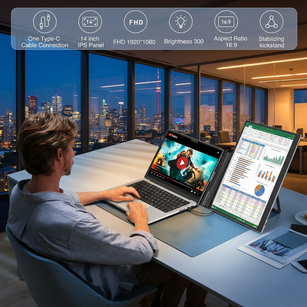 Person using a laptop with a large monitor displaying financial data in an office setting. TUTT 14” Laptop Screen Extender | ULTRA Thin Portable Monitor for Windows, Mac, USB-C & HDMI Devices, S8