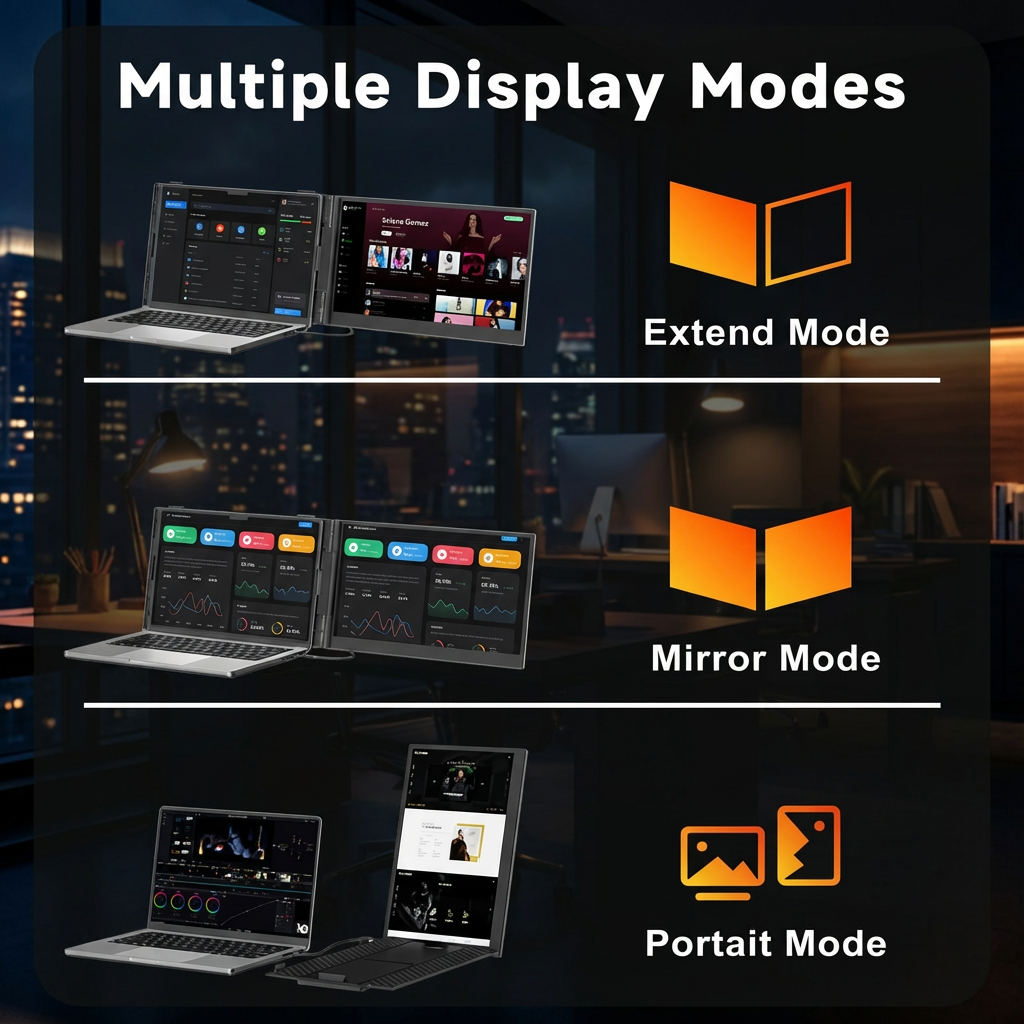 Laptop with multiple display modes shown on a dark background TUTT 14” Laptop Screen Extender | ULTRA Thin Portable Monitor for Windows, Mac, USB-C & HDMI Devices, S8