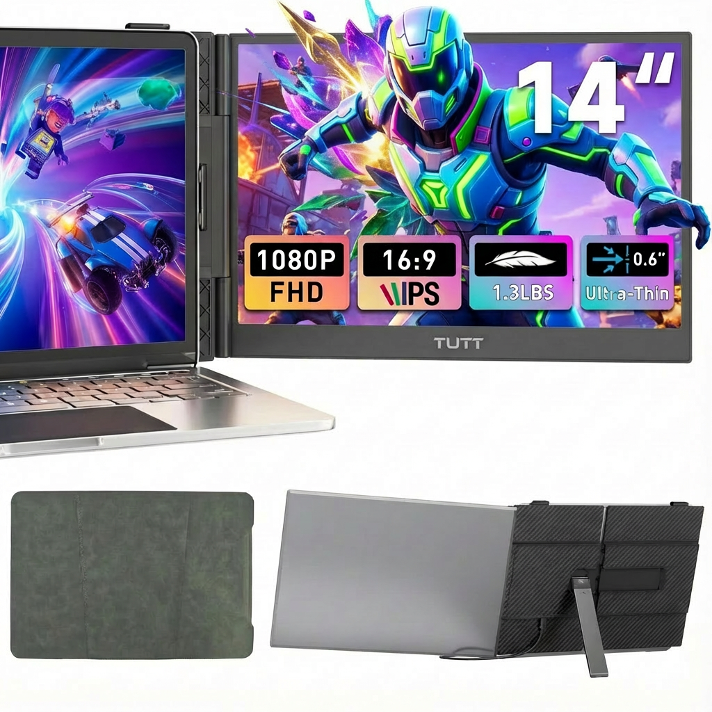Laptop with screen displaying a game, surrounded by additional product images and specifications. TUTT 14” Laptop Screen Extender | ULTRA Thin Portable Monitor for Windows, Mac, USB-C & HDMI Devices, S8