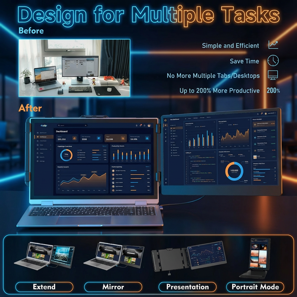 TUTT S1 portable laptop monitor screen extender, 14-inch FHD 1080p IPS, dual display setup, built-in stand and speakers, for 13-17 inch laptops, shown with dimensions and key features. TUTT