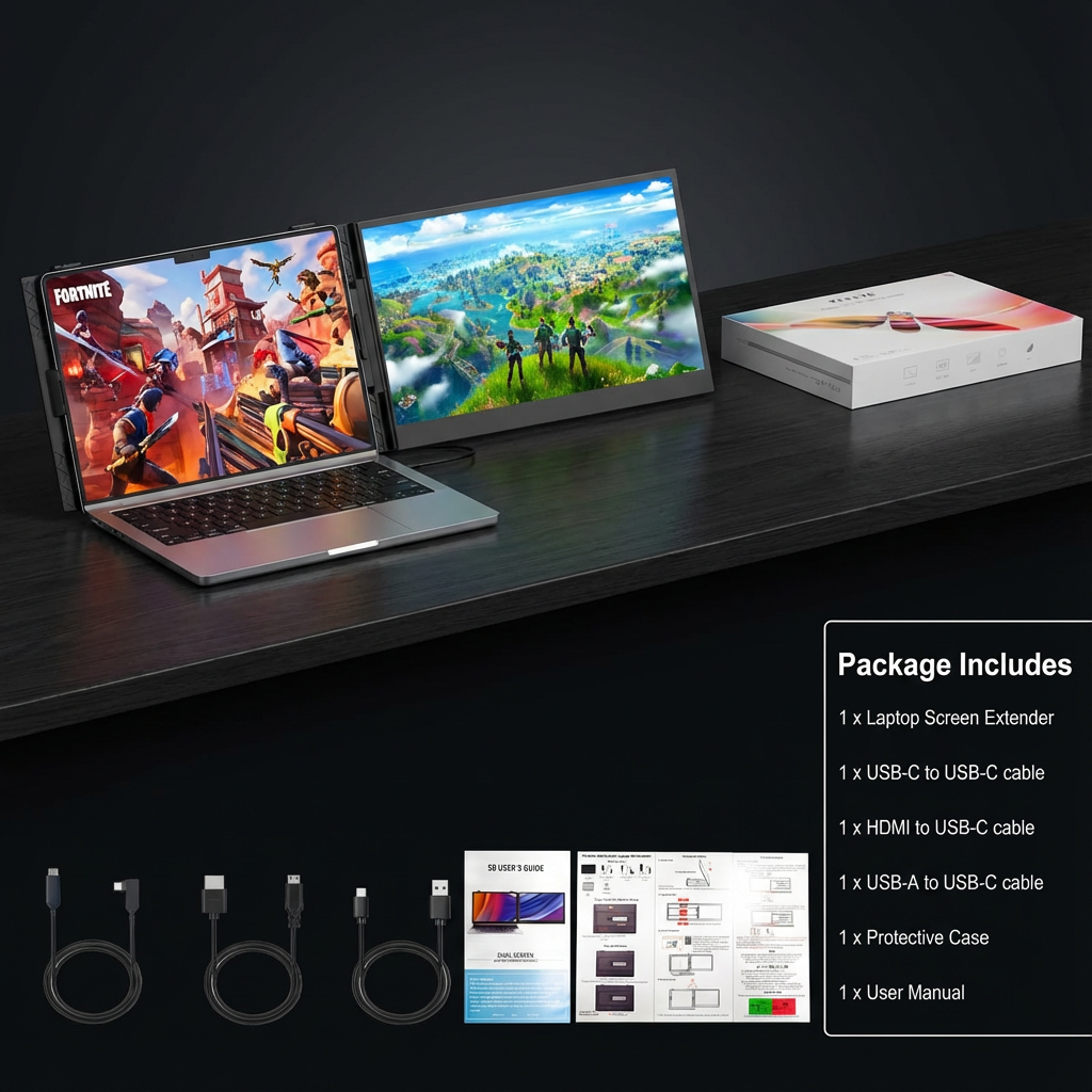 Laptop screen extender with gaming display on a dark surface, showing included accessories. TUTT 14” Laptop Screen Extender | ULTRA Thin Portable Monitor for Windows, Mac, USB-C & HDMI Devices, S8