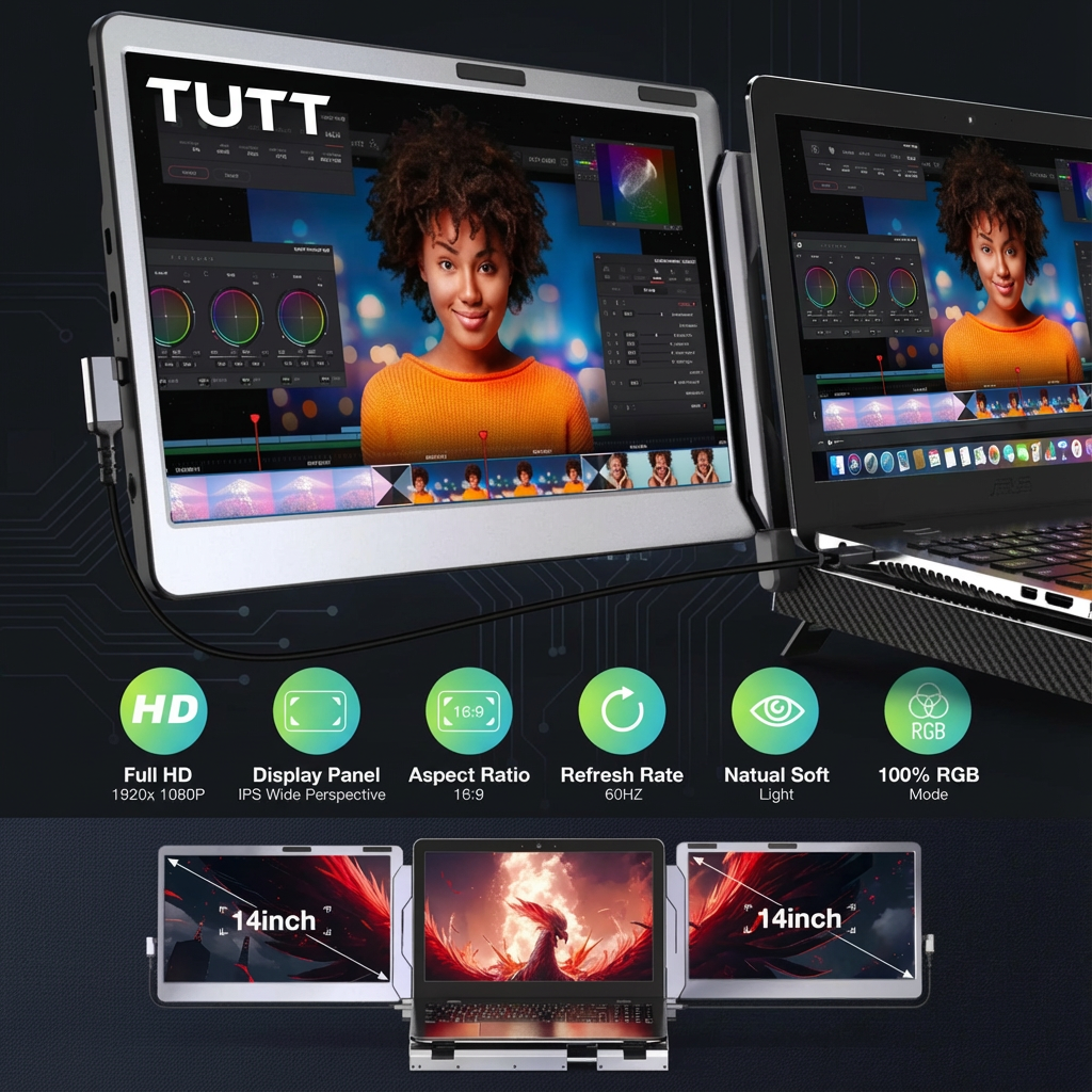 Two laptop monitors displaying a user interface with a woman's face, surrounded by feature icons on a dark background.