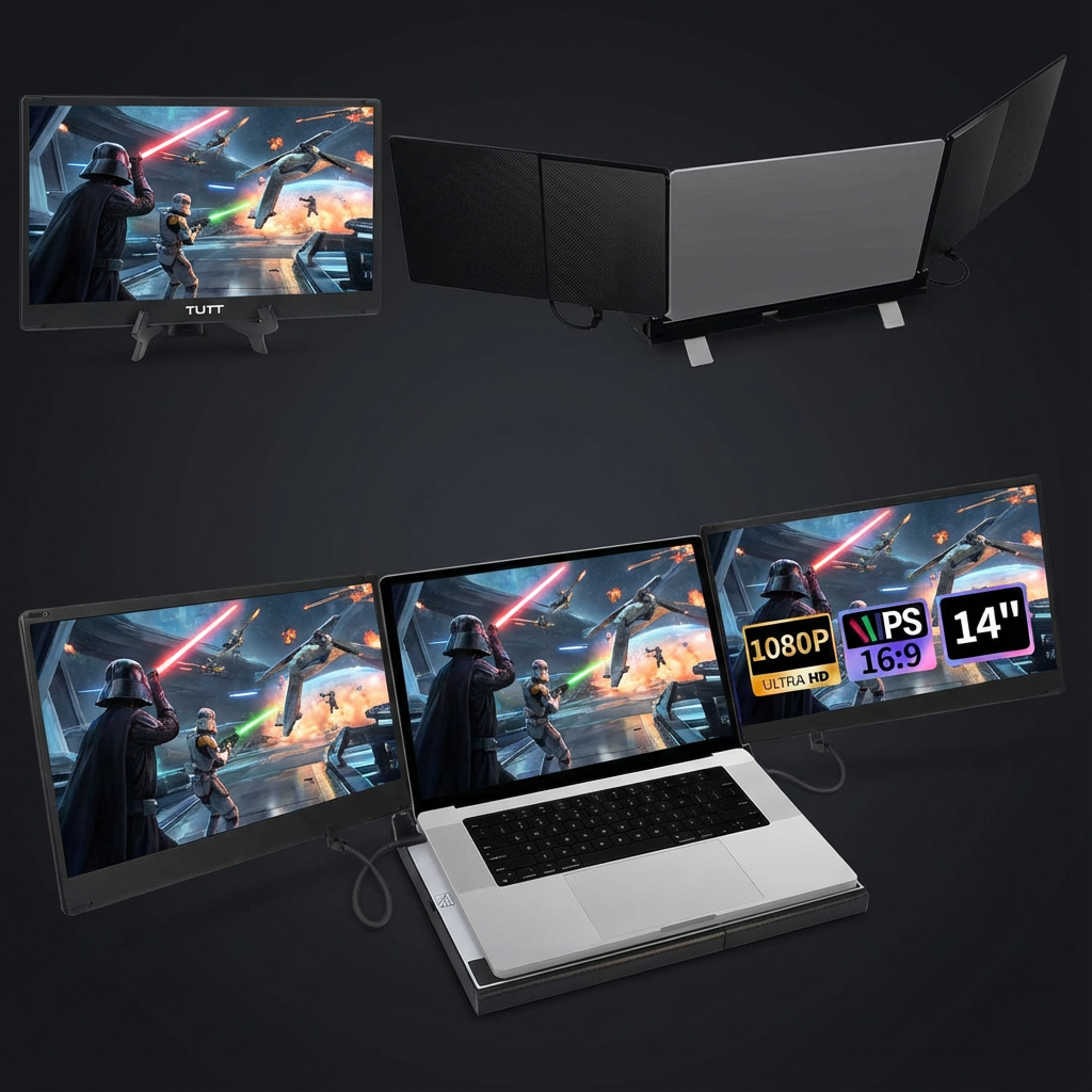 Gaming laptop with external monitor setup on a dark background