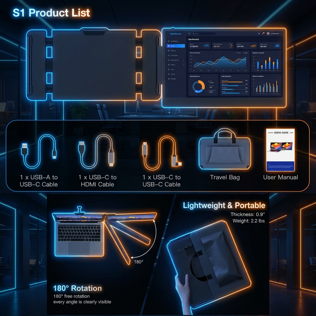 TUTT S1 portable laptop monitor screen extender, 14-inch FHD 1080p IPS, dual display setup, built-in stand and speakers, for 13-17 inch laptops, shown with dimensions and key features. TUTT