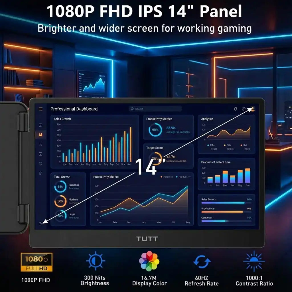 TUTT S1 portable laptop monitor screen extender, 14-inch FHD 1080p IPS, dual display setup, built-in stand and speakers, for 13-17 inch laptops, shown with dimensions and key features. TUTT