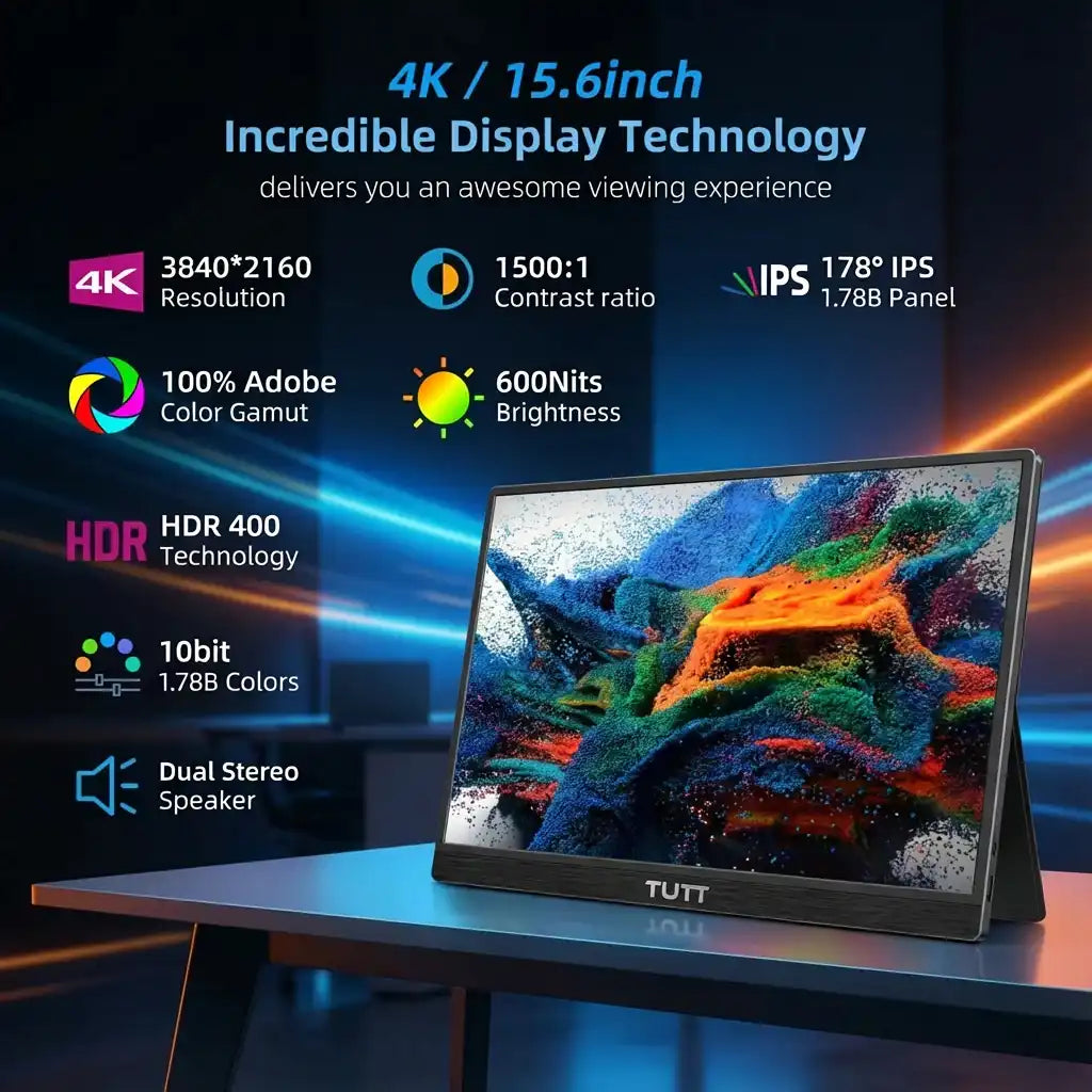 TUTT 15.6-inch 4K portable monitor with vivid display, HDR, IPS panel, and built-in speakers, on desk. TUTT