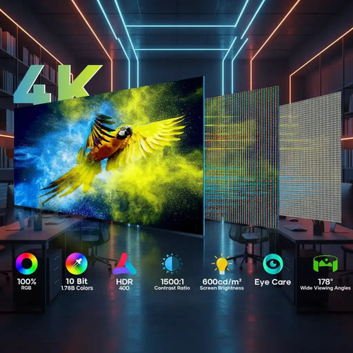 4K portable monitor with vibrant parrot display, color icons, and feature highlights in office, TUTT