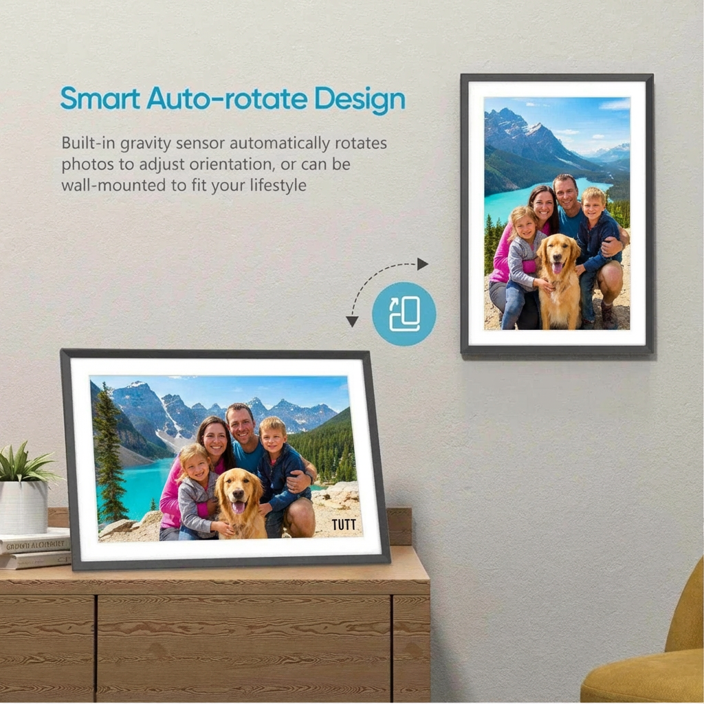 Digital photo frames displaying family photos with text about smart auto-rotate design. TUTT 15.6” Digital Photo Frame | WiFi IPS Touch Screen, Internal 32 GB | Frameo App | Tabletop or Wall-Mounted | 128GB Micro SD SanDisk + 5 in 1 Card Reader