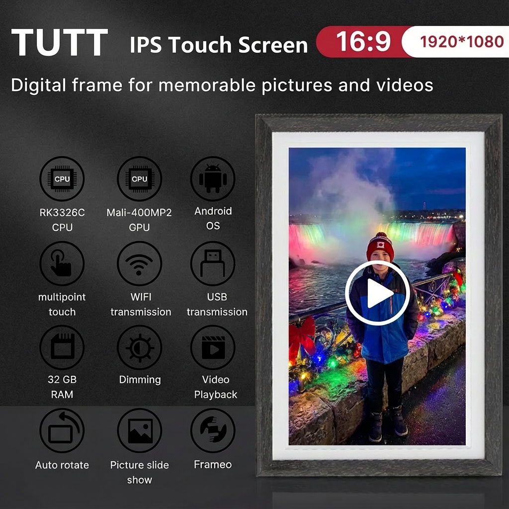 Digital frame with a child at Niagara Falls, displaying features on the left side.