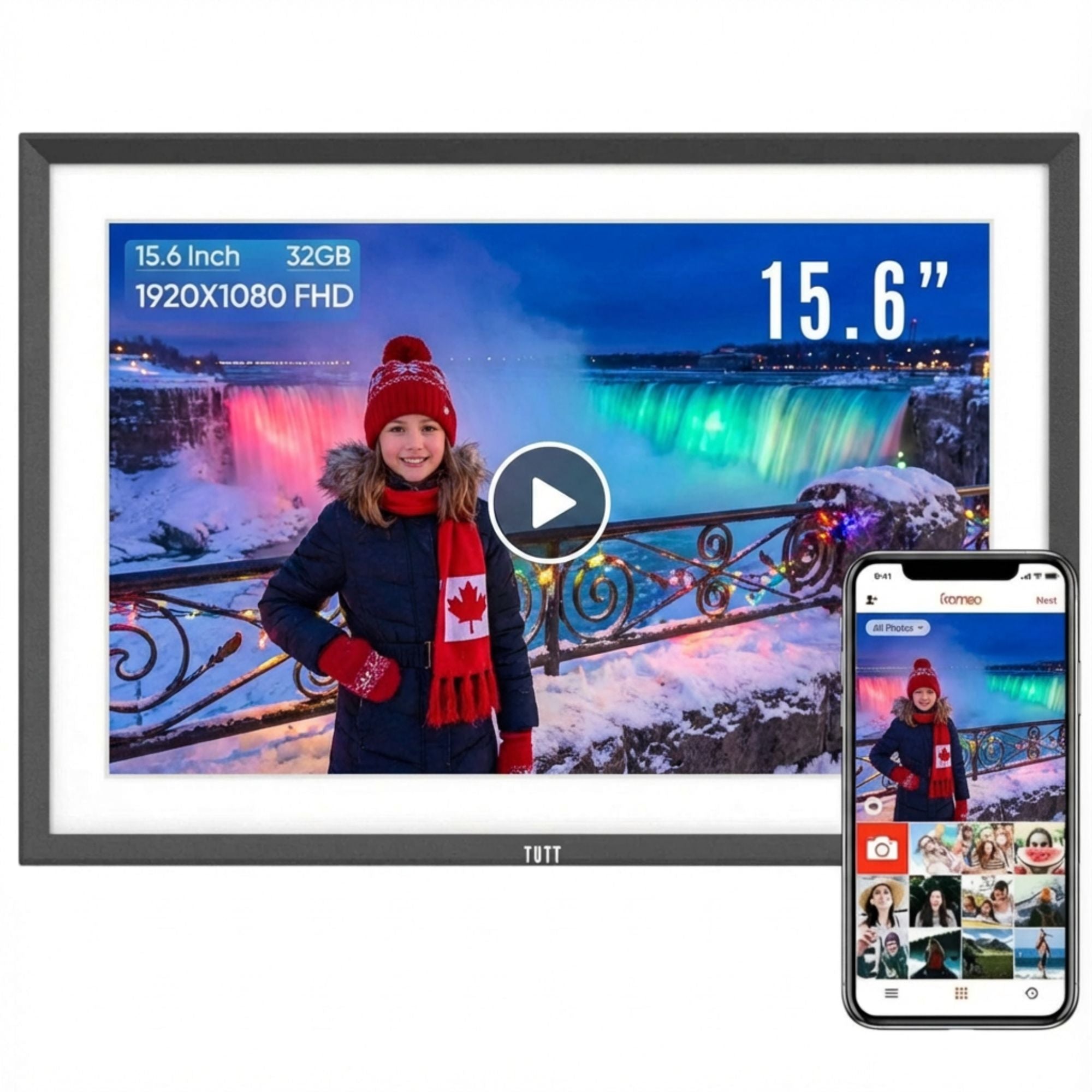 TUTT 15.6” Digital Photo Frame | WiFi Touch Screen Internal 32 GB | Frameo App | Tabletop or Wall-Mounted | 128GB Micro SD + Reader (Optional)
