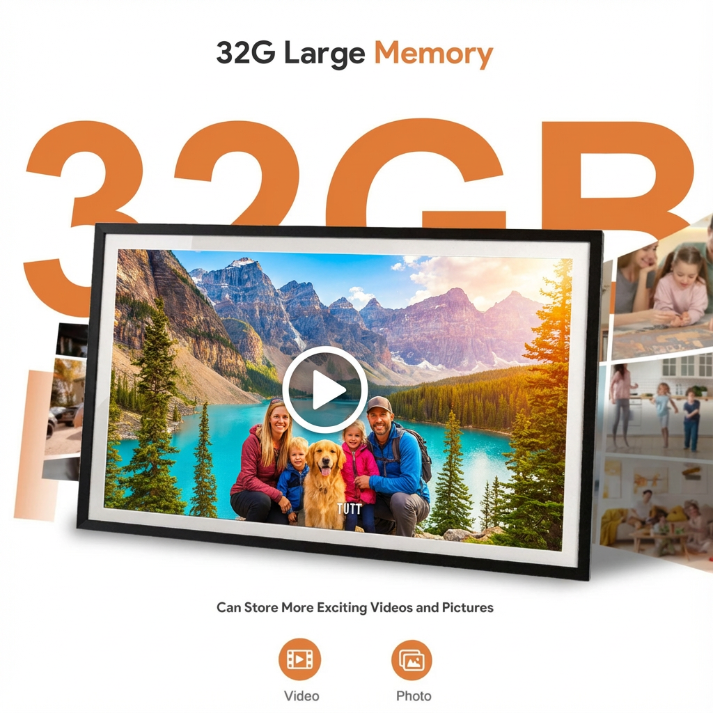 Digital photo frame with scenic display and family photo, 32GB memory highlighted.TUTT 15.6” Digital Photo Frame | WiFi IPS Touch Screen, Internal 32 GB | Frameo App | Tabletop or Wall-Mounted | 128GB Micro SD SanDisk + 5 in 1 Card Reader