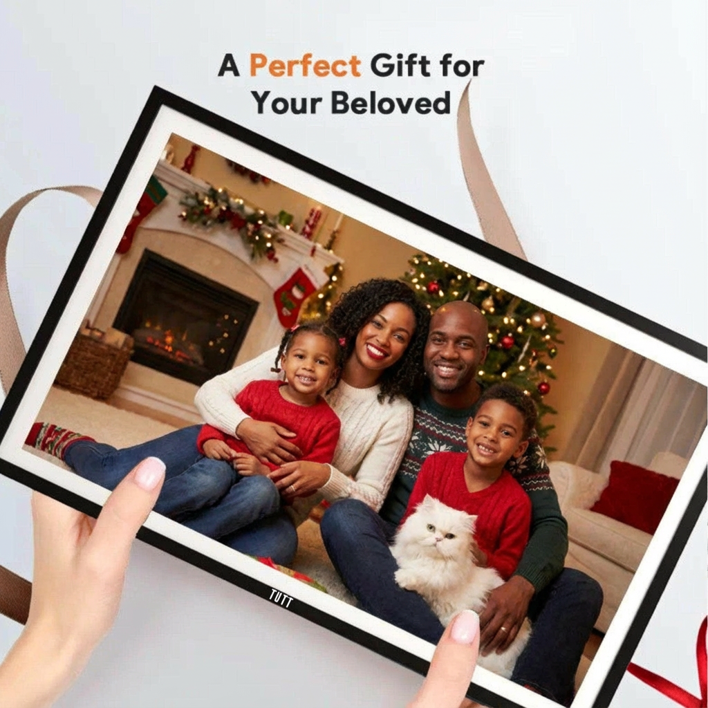 Family with children and a pet in a decorated living room, framed as a gift.TUTT 15.6” Digital Photo Frame | WiFi IPS Touch Screen, Internal 32 GB | Frameo App | Tabletop or Wall-Mounted | 128GB Micro SD SanDisk + 5 in 1 Card Reader