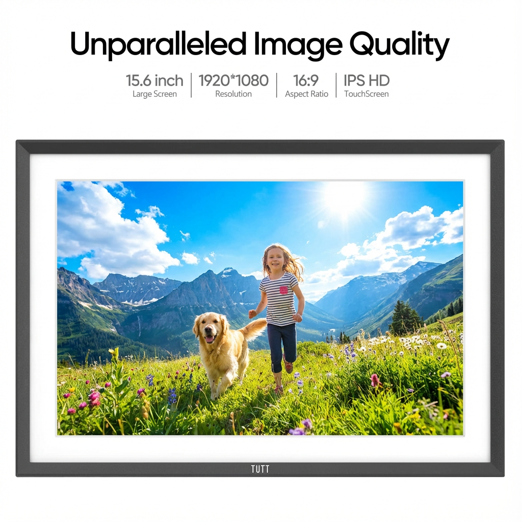 Framed display of a girl and dog in a mountainous landscape with text about image quality. TUTT 15.6” Digital Photo Frame | WiFi IPS Touch Screen, Internal 32 GB | Frameo App | Tabletop or Wall-Mounted | 128GB Micro SD SanDisk + 5 in 1 Card Reader