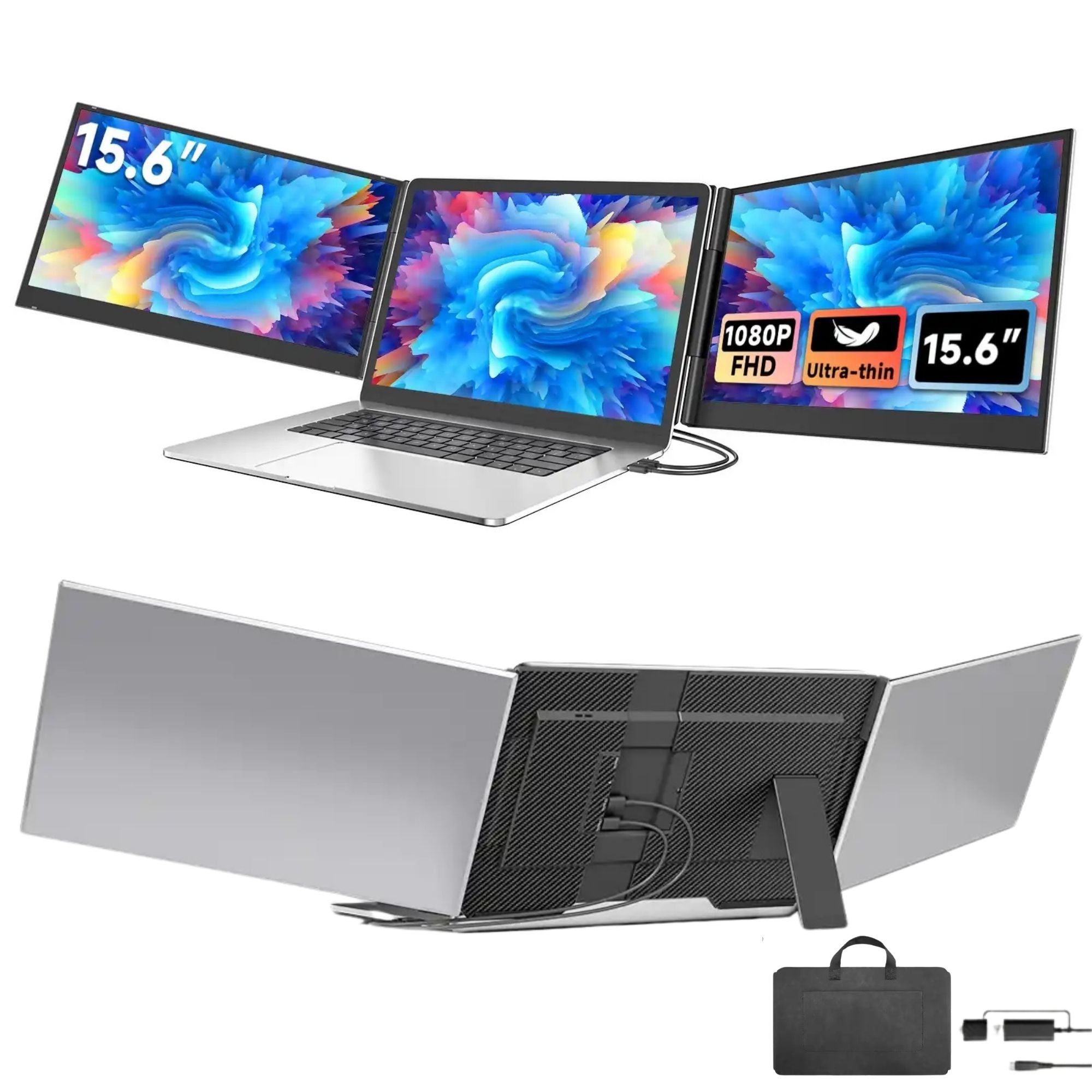 TUTT 15.6″ Dual Screen Portable Monitor, Silver Ultra Thin & Light |USB-C + HDMI Setup, Built-In Speaker + Leather Bag | H5 Video Transmission Cable Included P7