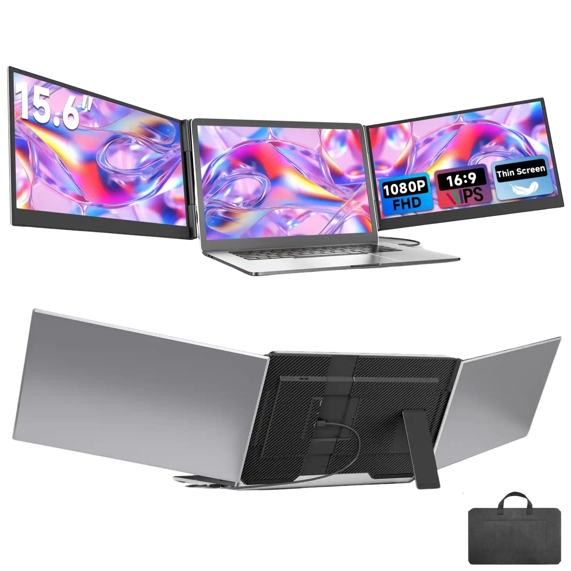 TUTT 15.6″ Dual Screen Portable Monitor | Single USB-C Cable Setup |  Silver Ultra Thin & Light, Built-In Speaker + Leather Bag | P7 Pro