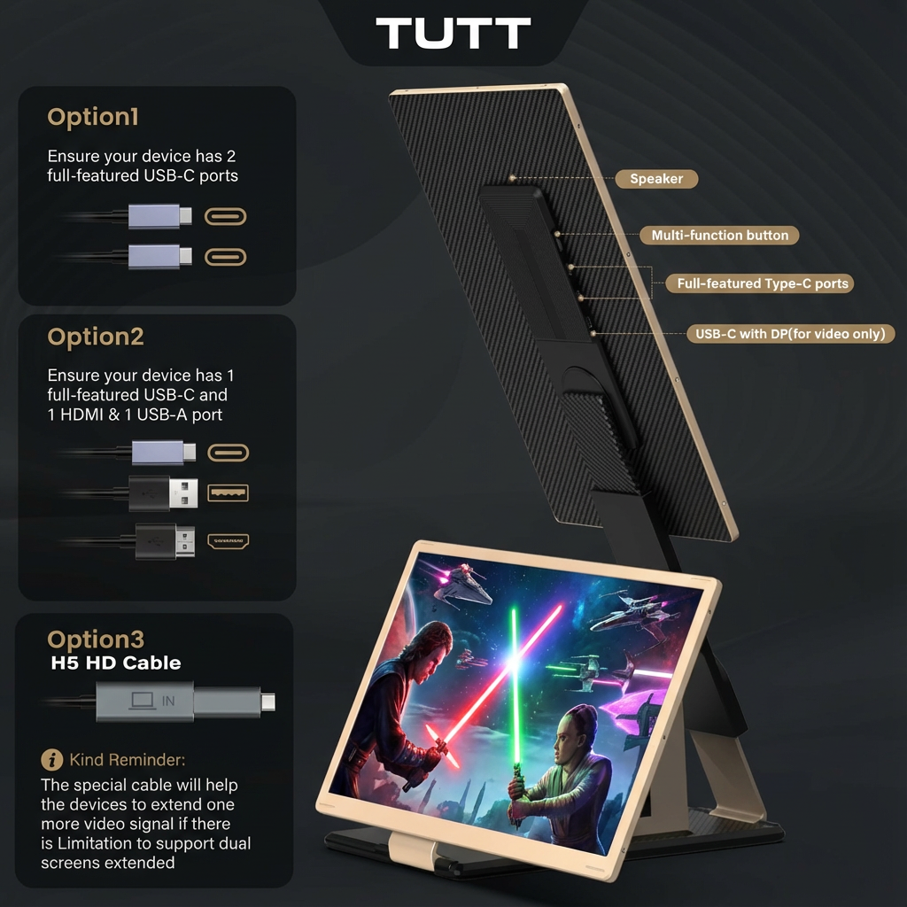 TUTT 15.6” FHD Portable Monitor – S6 Triple Screen Extender, USB-C/HDMI, 7 Viewing Modes | All Devices Compatible with Converter Cable (H5 Included)Tablet stand with features and compatibility options on a dark background