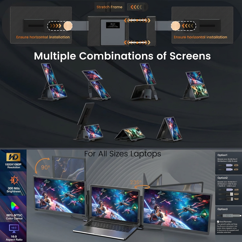 TUTT 15.6” FHD Portable Monitor – S6 Triple Screen Extender, USB-C/HDMI, 7 Viewing Modes | All Devices Compatible with Converter Cable (H5 Included)Multiple screen extensions for laptops with various configurations on a dark background.