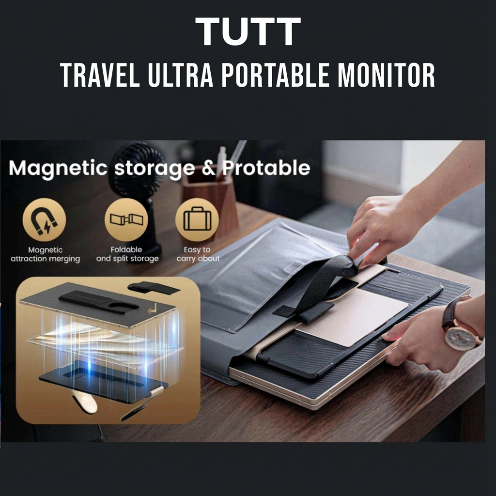 TUTT travel ultra portable monitor with magnetic storage feature, shown being used on a desk.