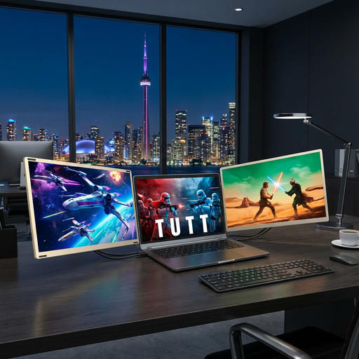 TUTT 15.6” FHD Portable Monitor – S6 Triple Screen Extender, USB-C/HDMI, 7 Viewing Modes | All Devices Compatible with Converter Cable (H5 Included)Modern office setup with a laptop and two monitors displaying action scenes, cityscape visible through window.