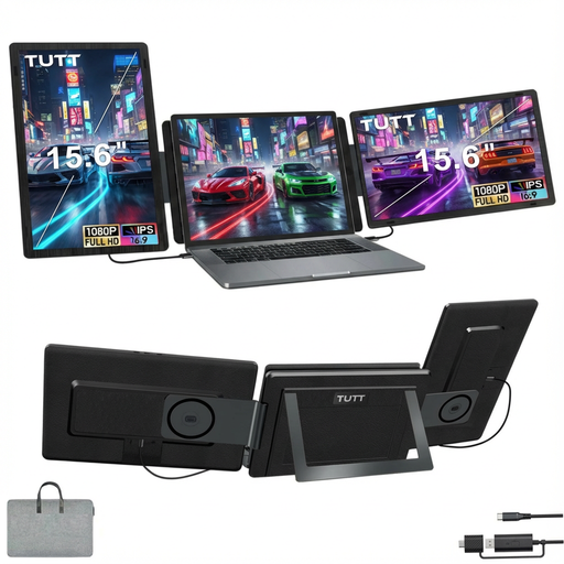 Laptop with external screen and accessories on a white background TUTT 15.6 Laptop Screen Extender Rugged Design | Portable Monitor For Laptop with H5 Converter Cable S9