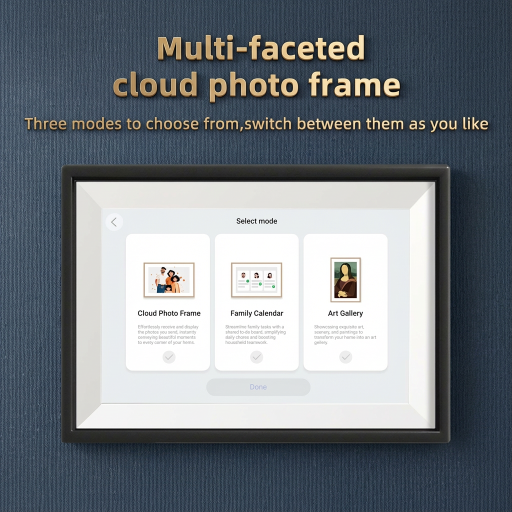 TUTT 15.6” Smart Digital Calendar & Chore Chart | Photo and Video Frame | Smart Touchscreen Display Family Organizer + 128GB SanDisk Digital photo frame with user interface on a blue background