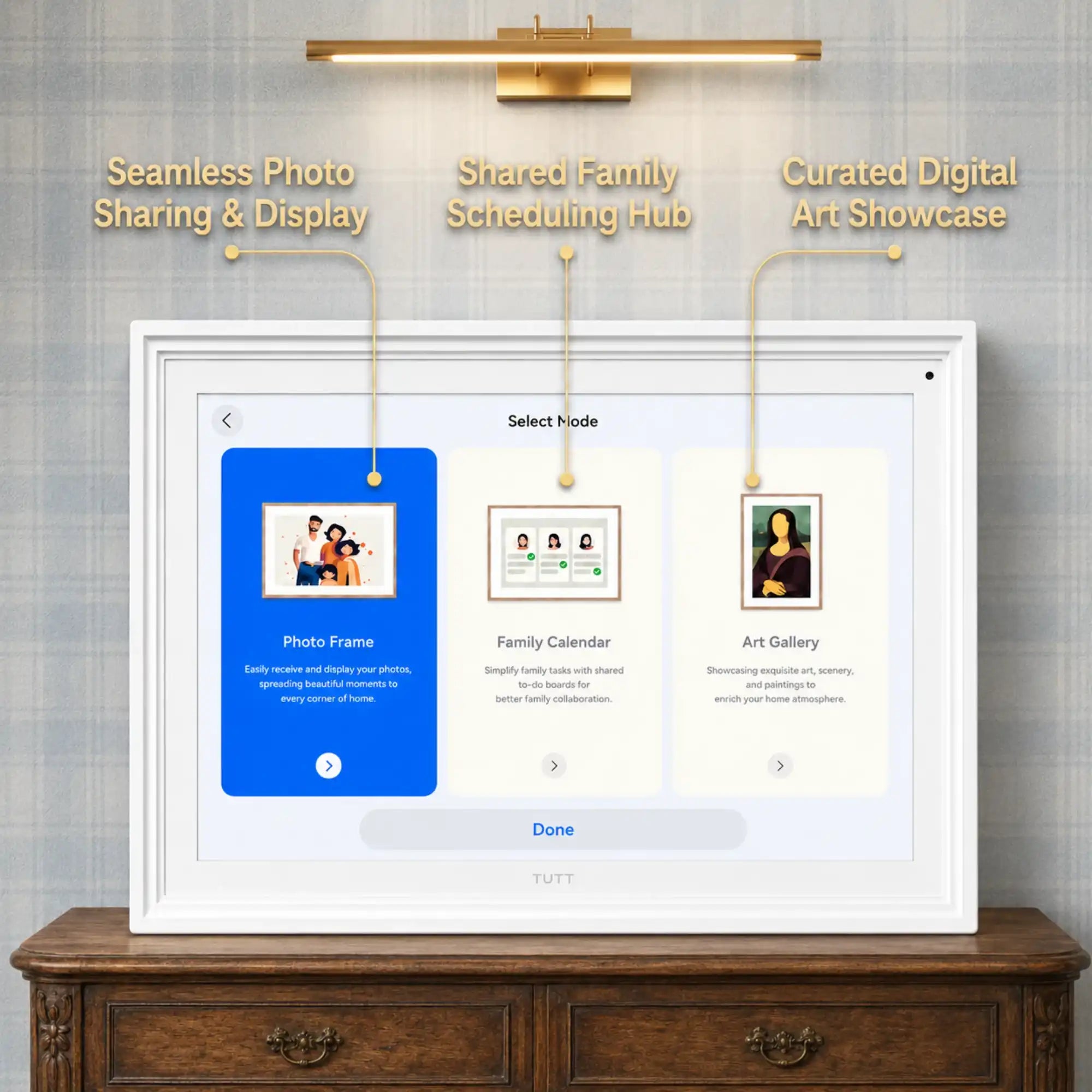 TUTT™ digital calendar and photo frame displaying photo sharing, family scheduling, and art gallery modes on a home console