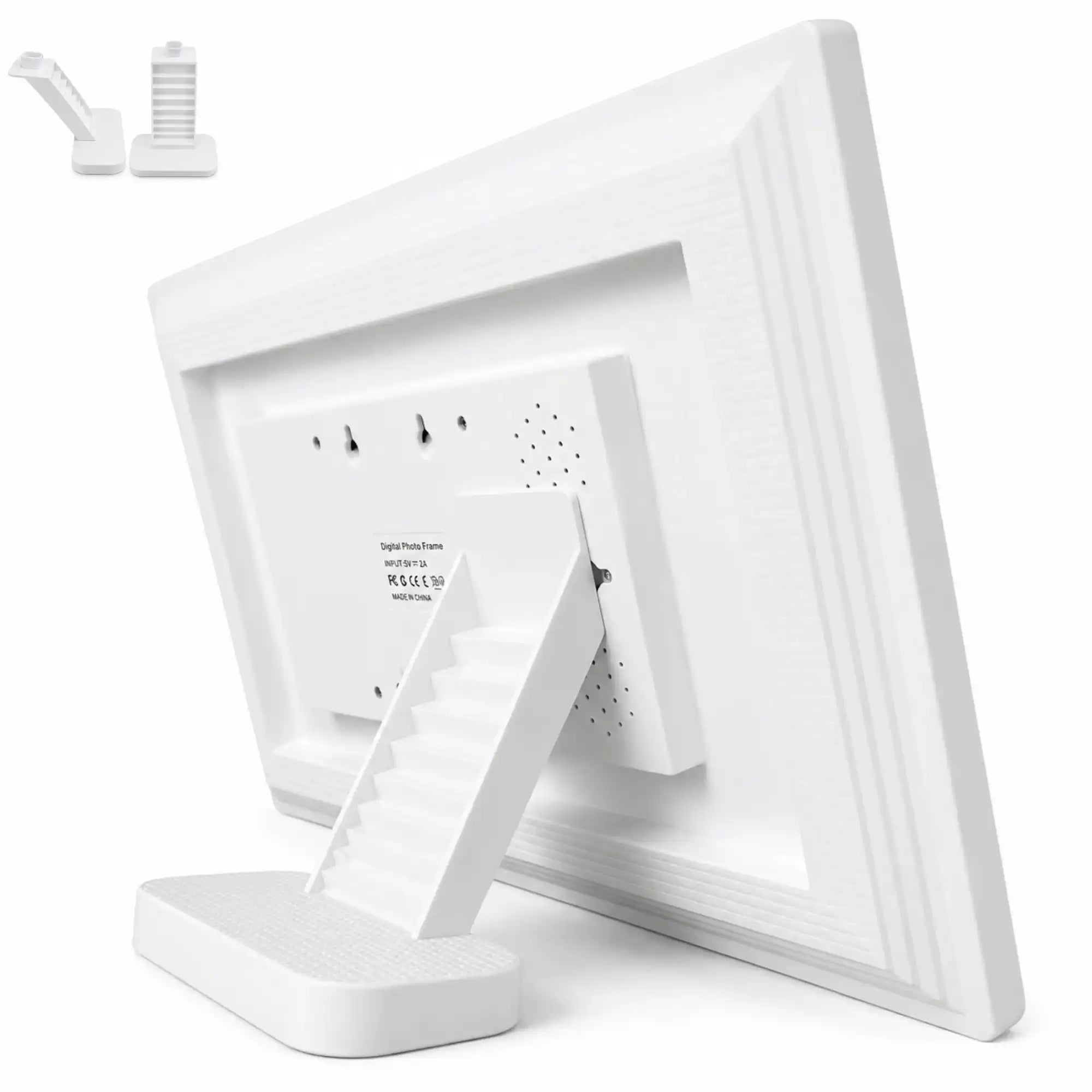 White digital photo frame with adjustable stand, designed for home or office display, compatible with TUTT™ portable monitor setups