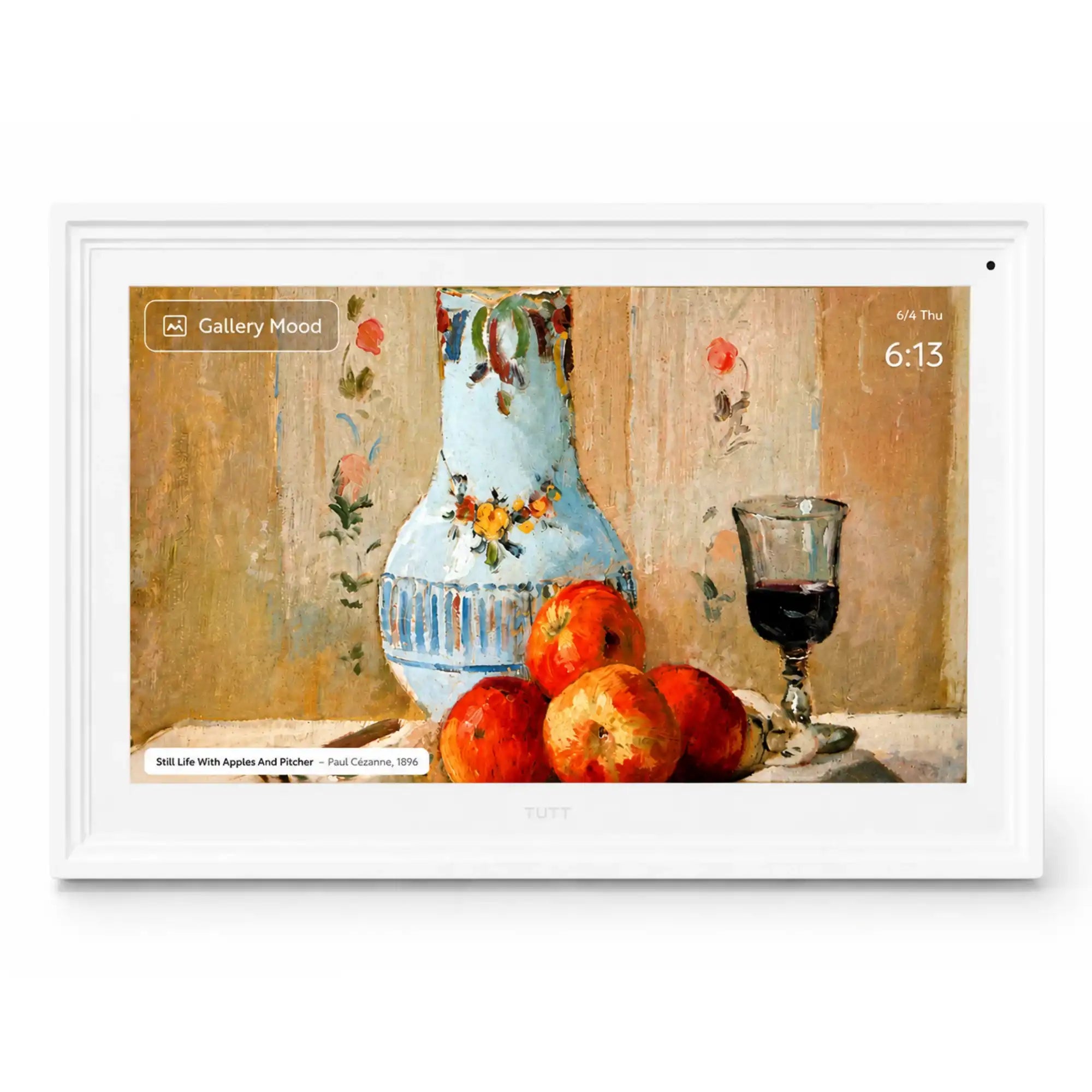 TUTT™ digital calendar displaying Paul Cézanne's still life art with time and date, sleek white frame for home or office decor